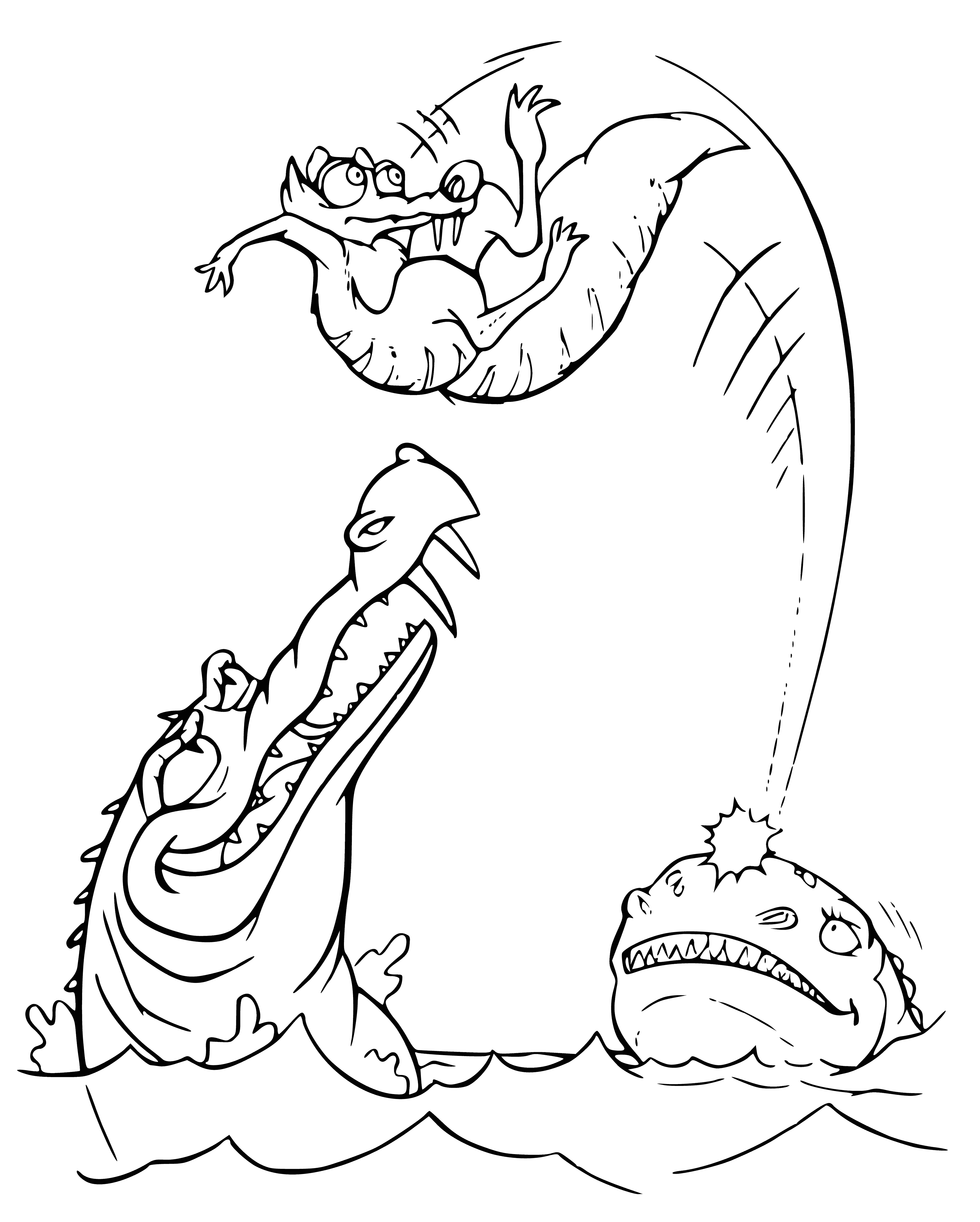 coloring page: Two reptiles stare at a squirrel holding a giant acorn in a coloring page.