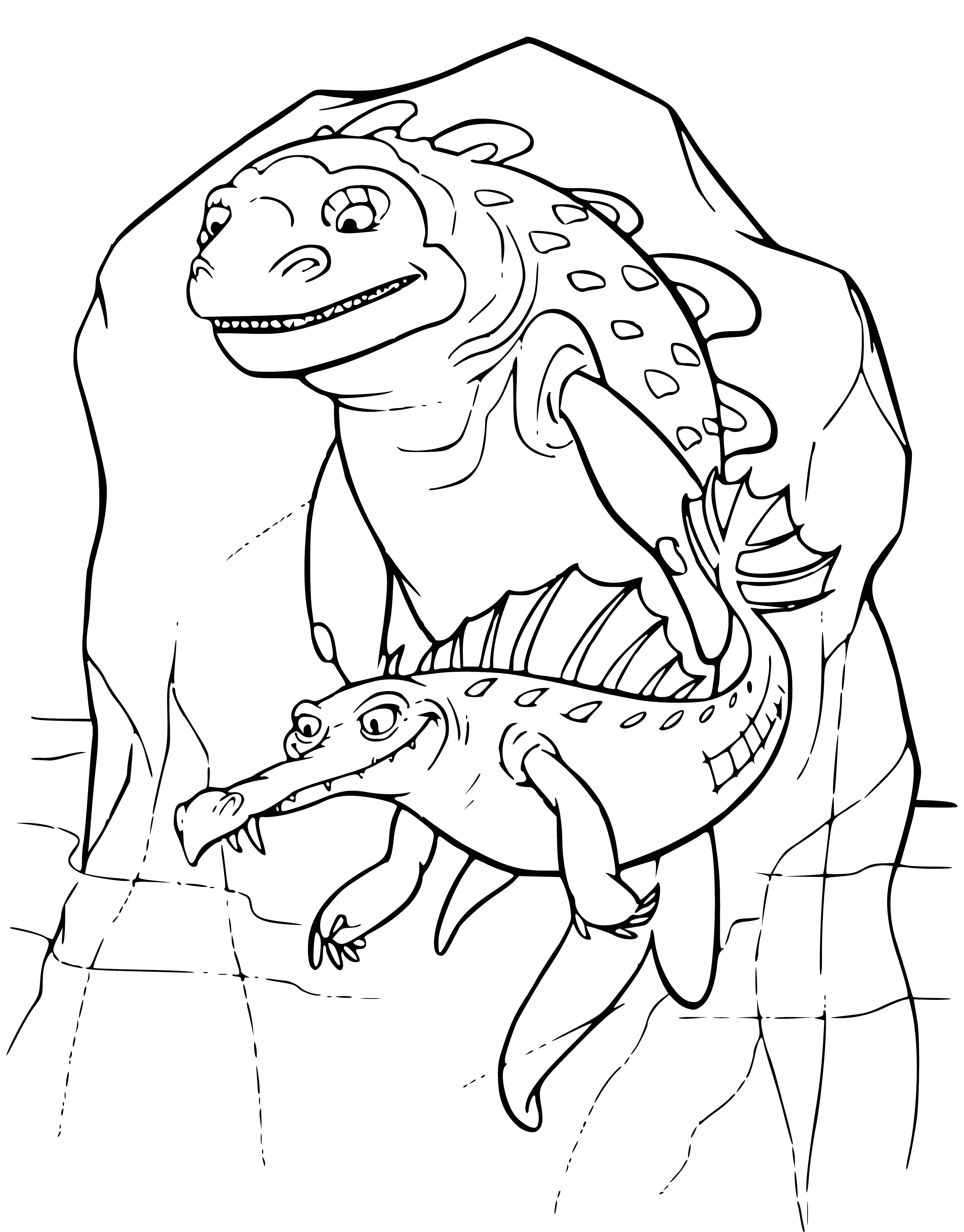 coloring page: Group of reptiles stands close, seeming to search for something in the far distance on a large sheet of ice.