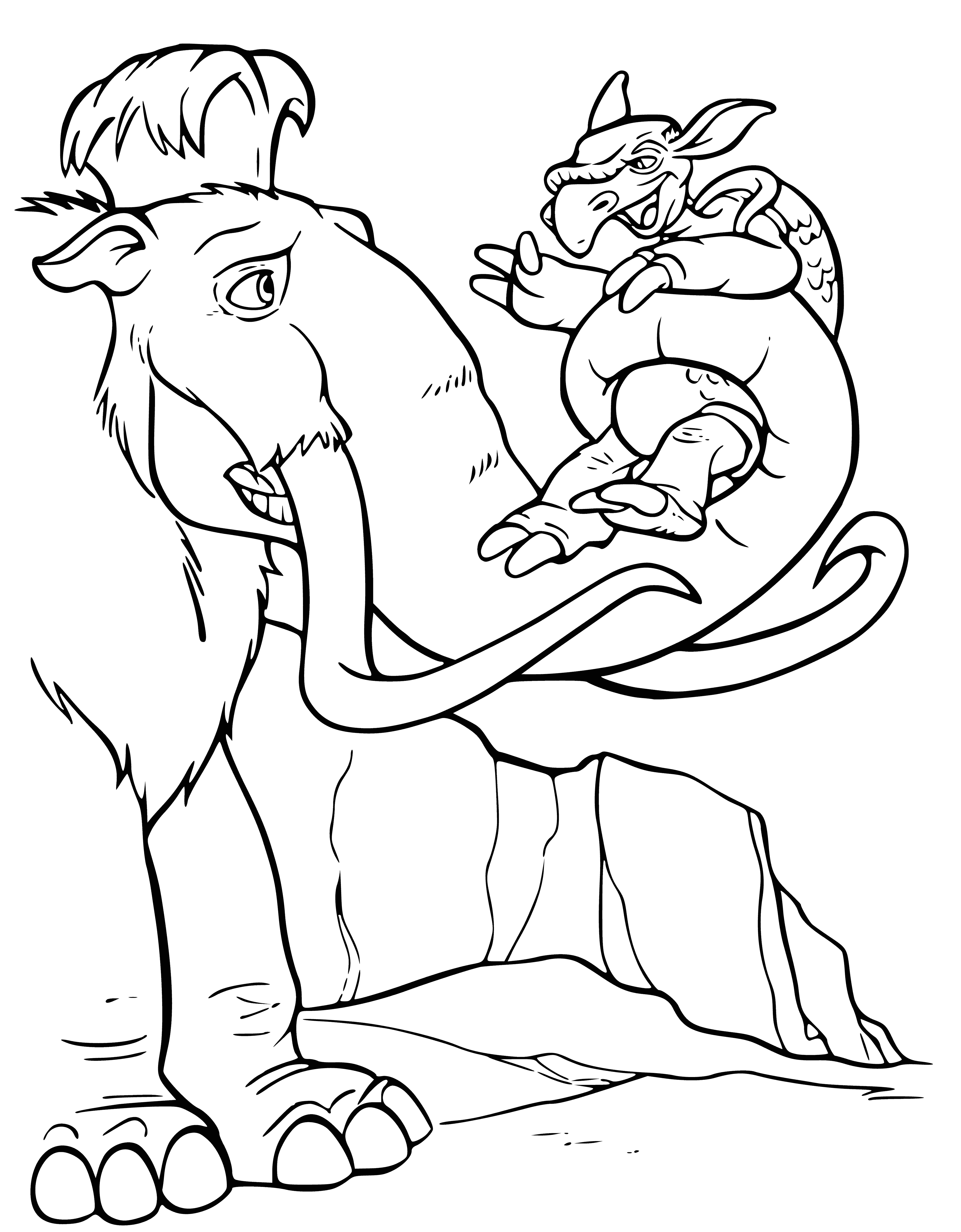 coloring page: Manny, a mammoth, holds a turtle struggling to escape in his trunk while walking on a frozen pond.
