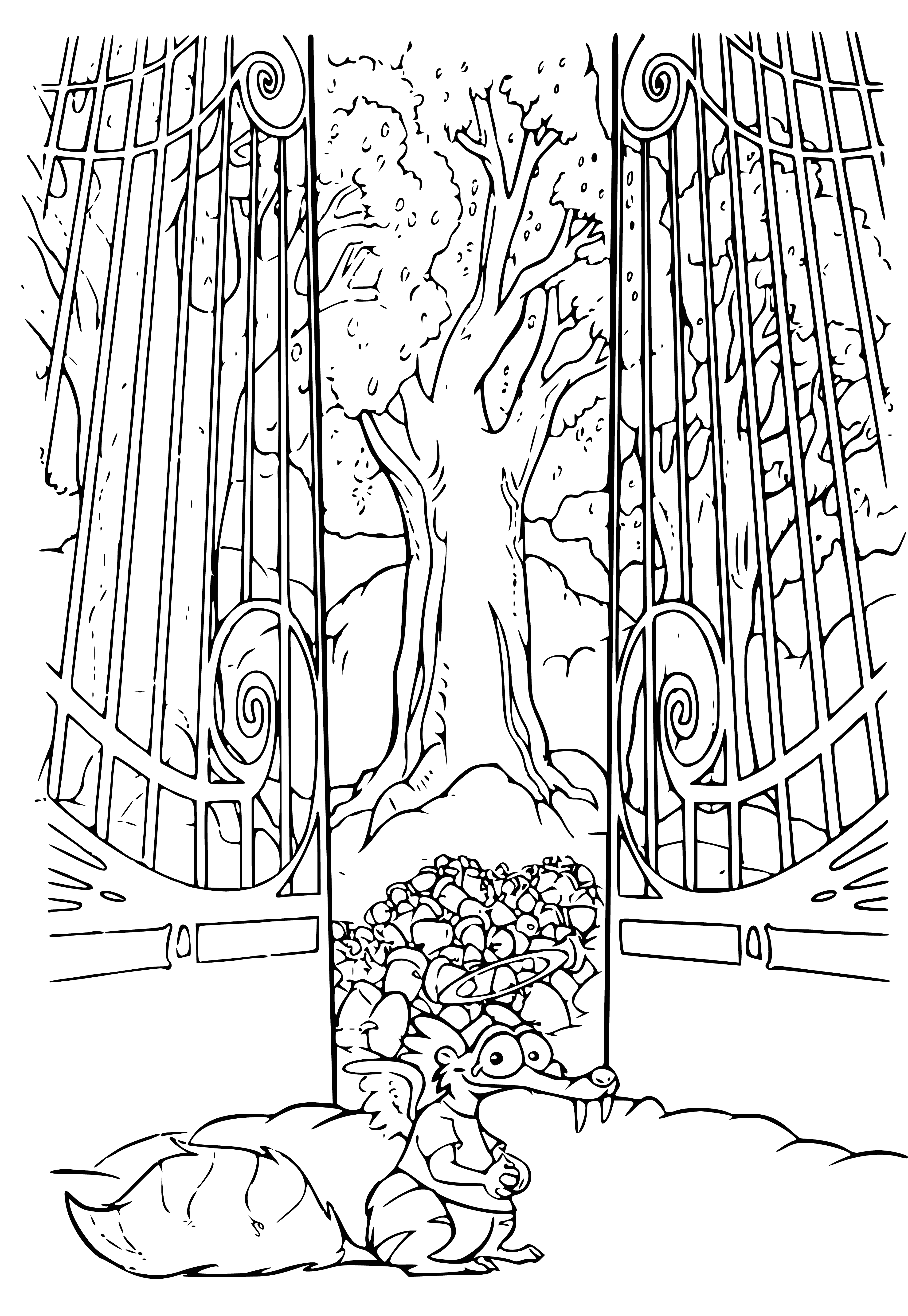 coloring page: A snowy paradise with a small squirrel carrying a big acorn, trees frosted with icicles, and a pale blue sky with a sunny morning.