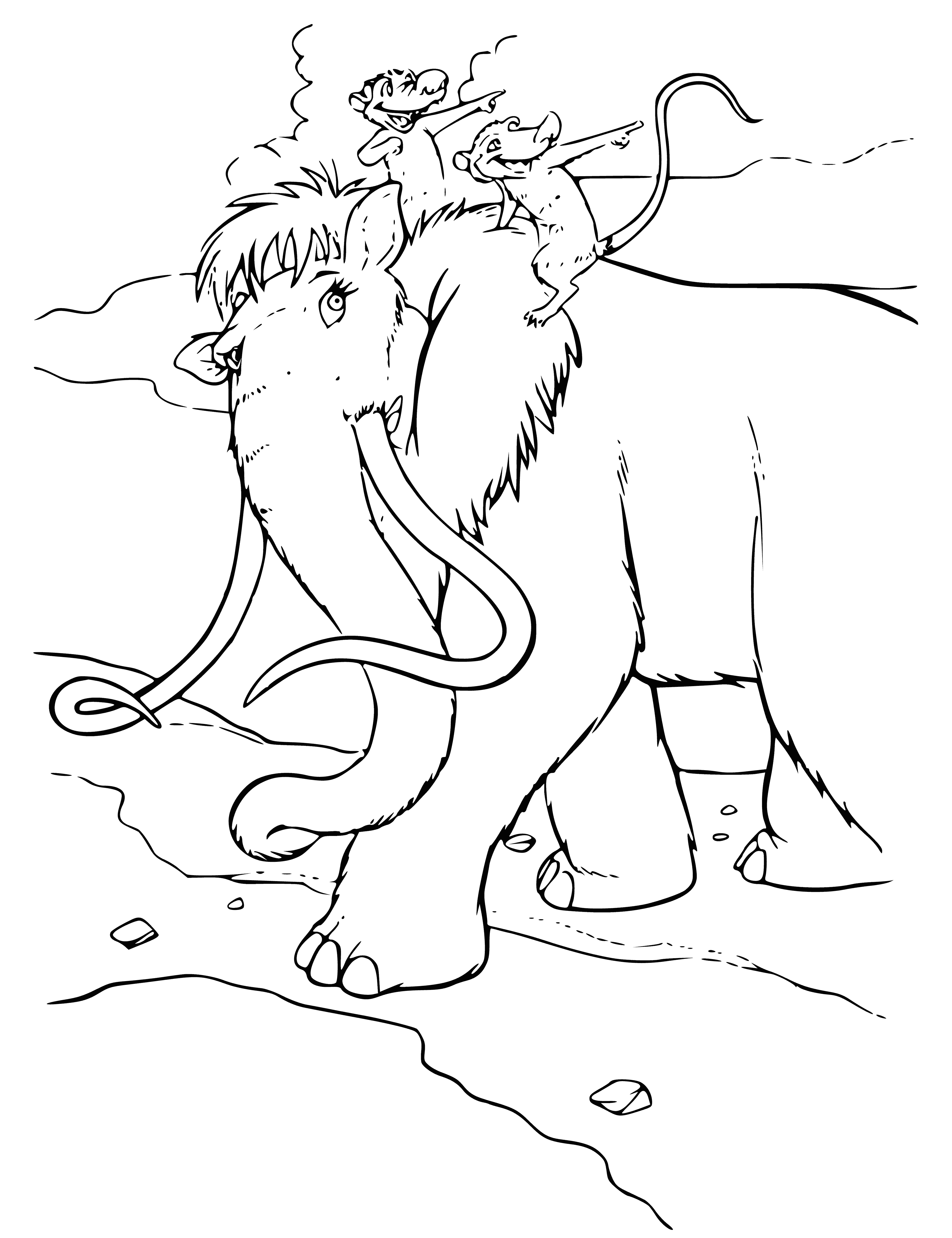 coloring page: Crash and Eddie have an exciting time riding a mammoth amid icy, snow-capped mountains.