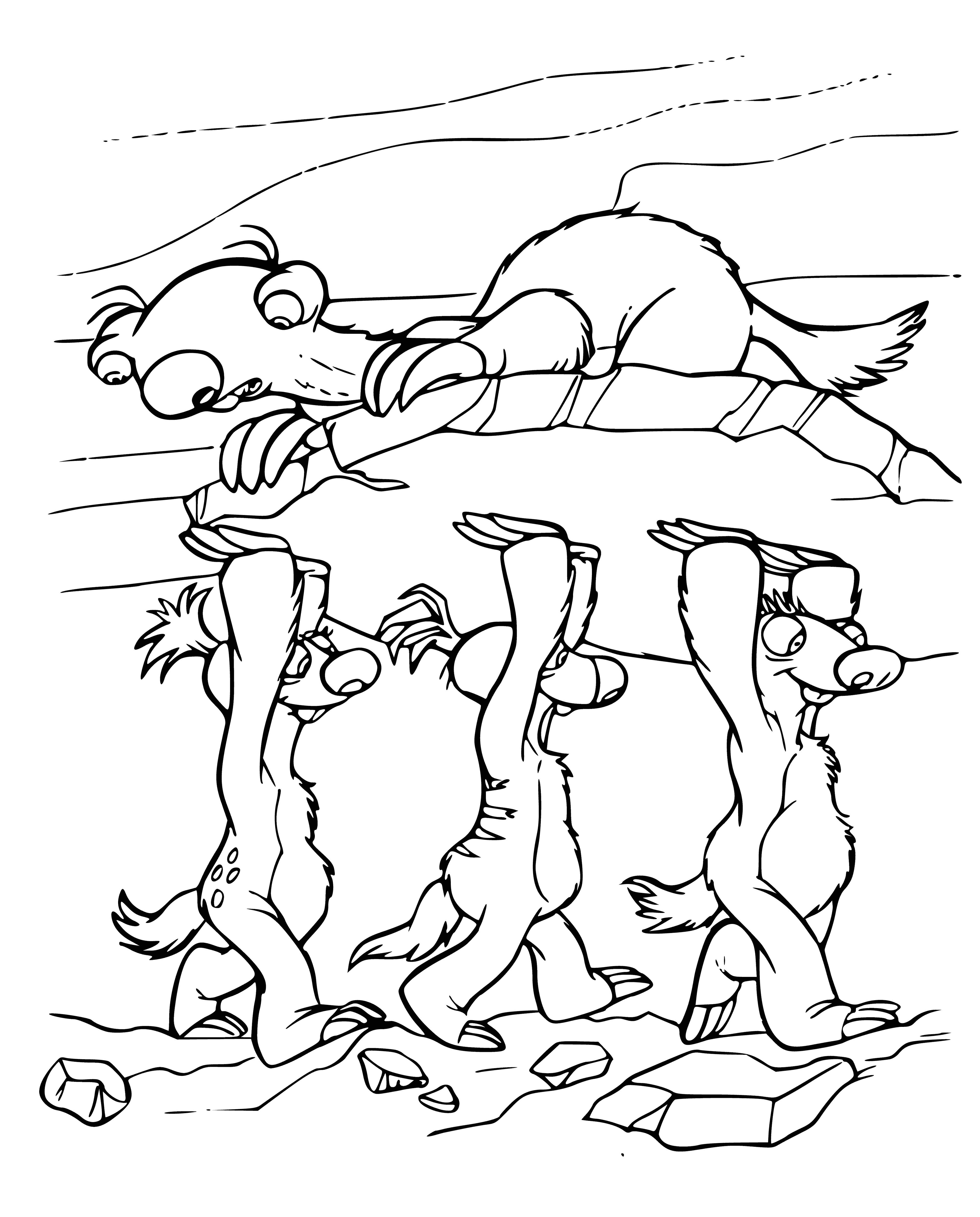 coloring page: Rabbit in center of page with kids looking up adoringly. Holding a sphere on ice, surrounded by icy mountains in background.