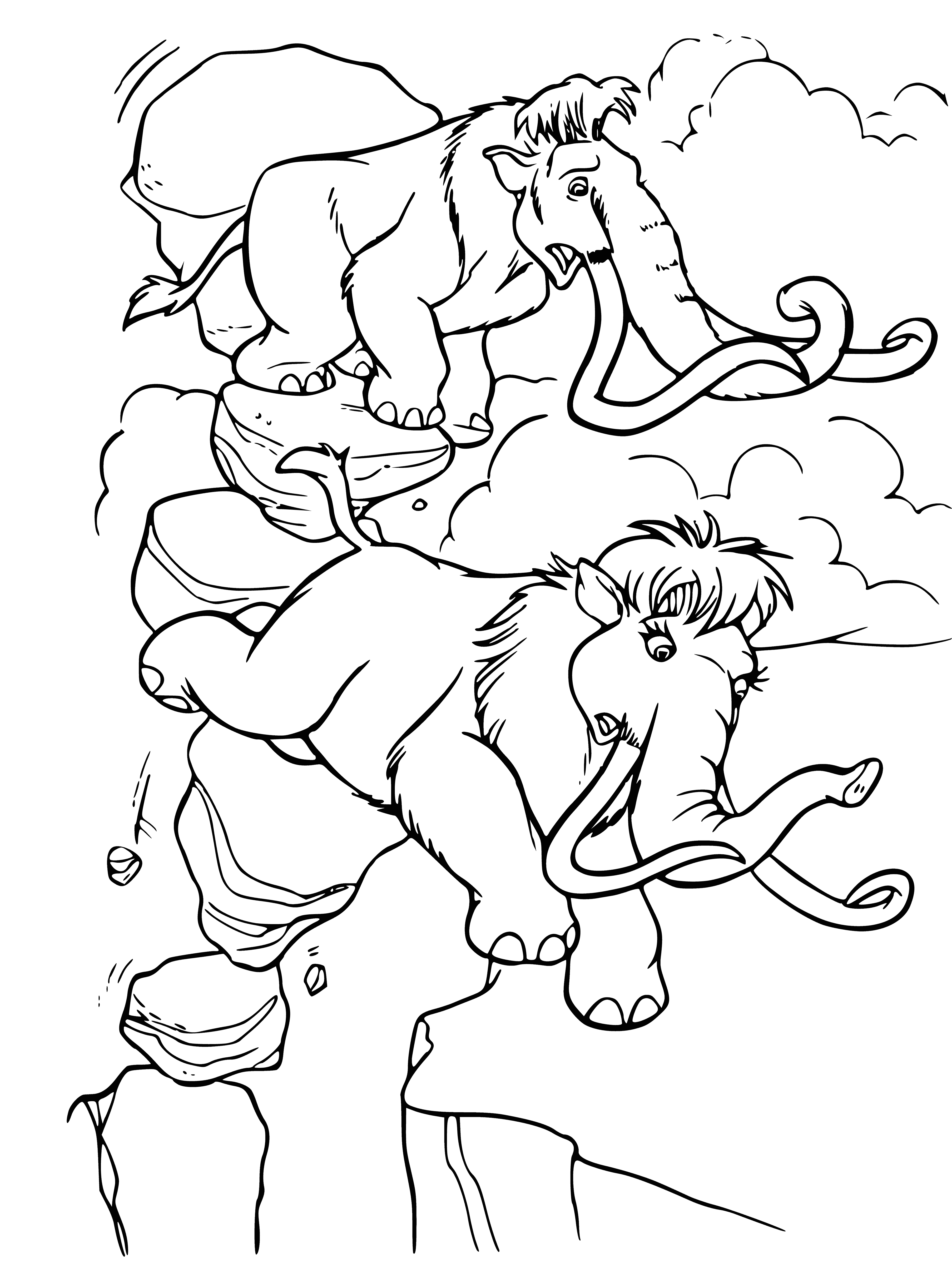 coloring page: Manny and Ellie saved during Ice Age and look at each other, hand-in-hand, in sun-lit background.
