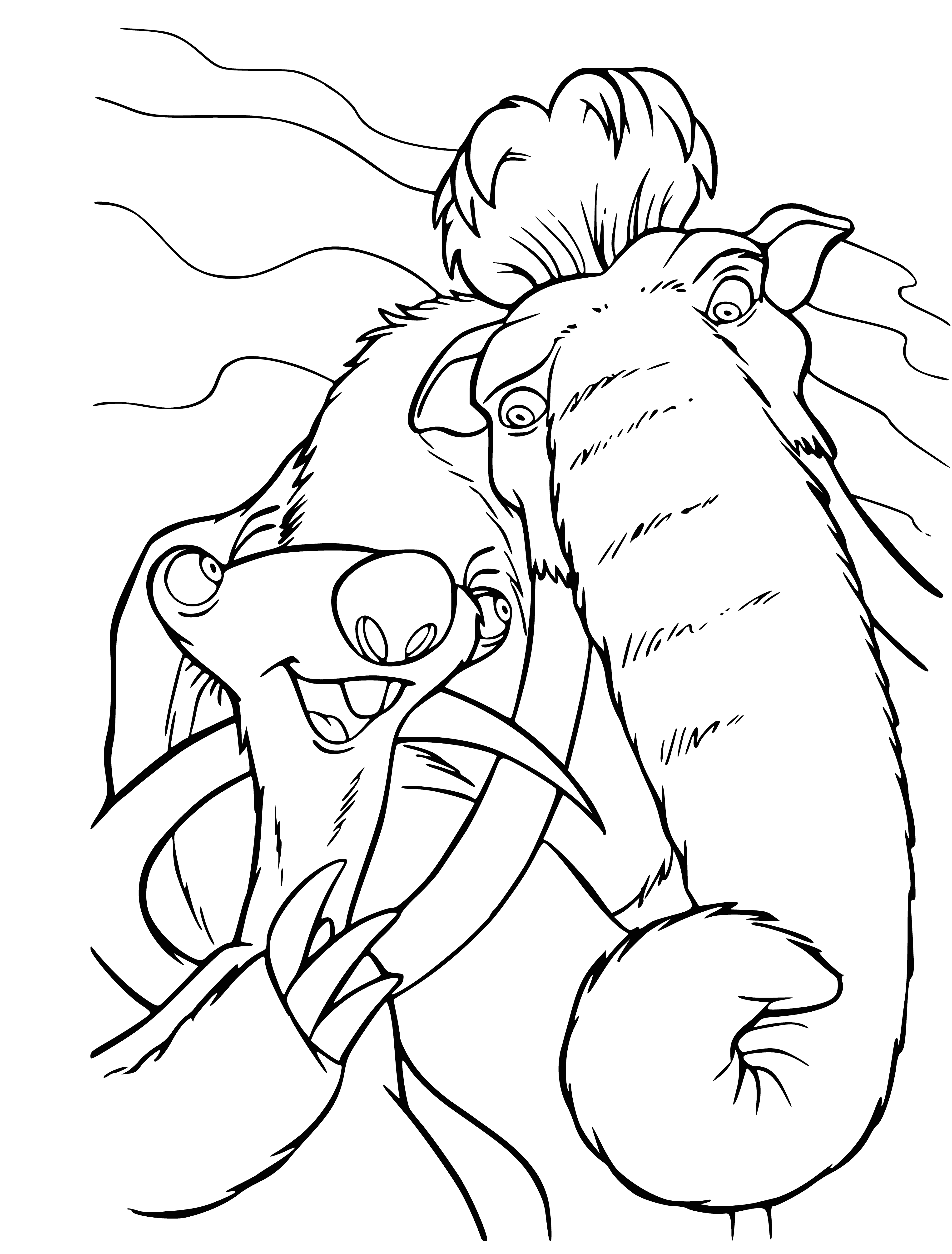 coloring page: Two creatures, a sloth and a mammoth, stand on a floating ice floe in a large, icy body of water beneath an overcast sky.