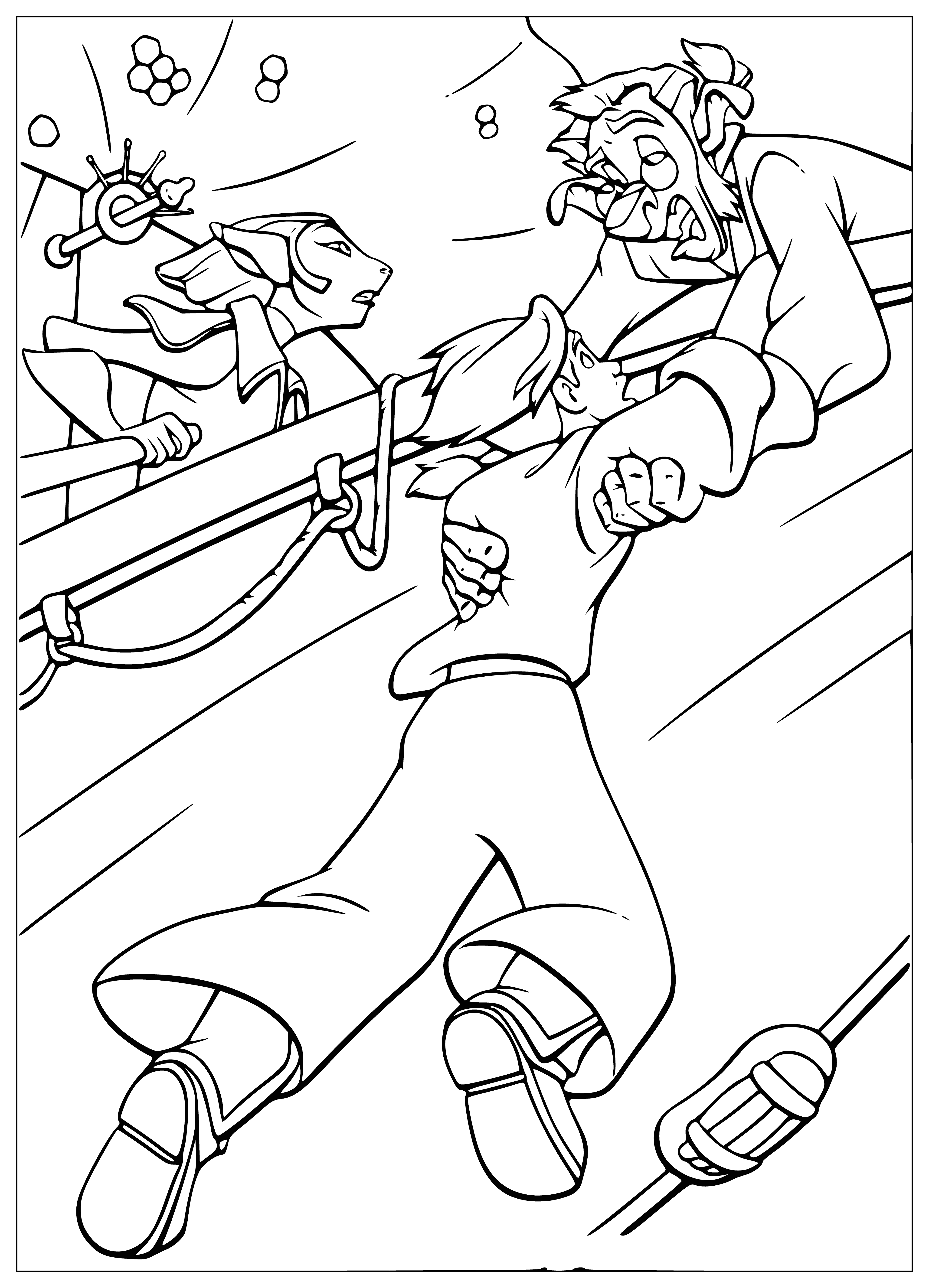 coloring page: Boy climbs tall, pointy mountain with thin rope, looks like he's about to fall.