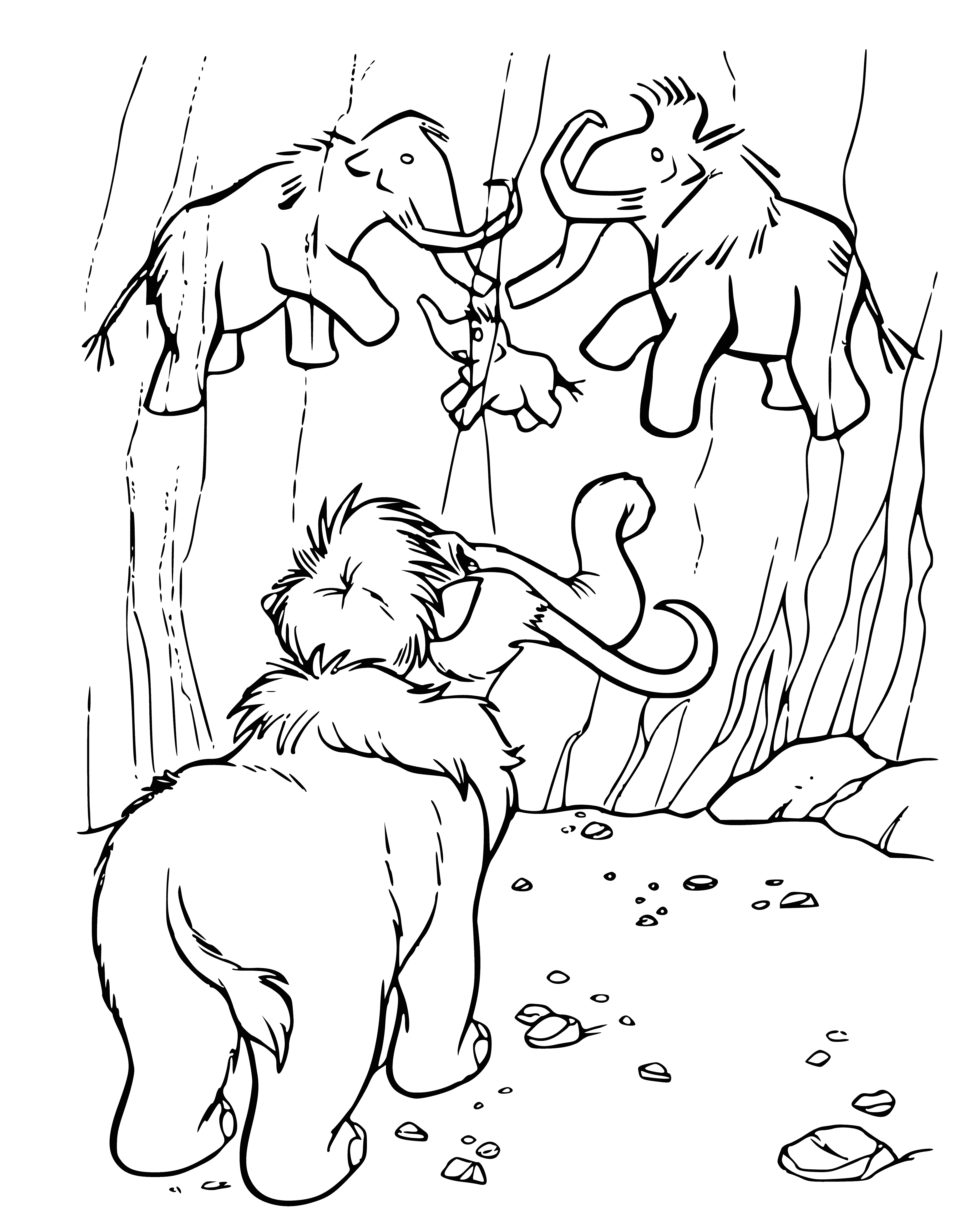 coloring page: Mammoth lies on snow, trunk extended, tusks visible. Shaggy fur mostly white with some brown patches. Eyes closed, appears dead.