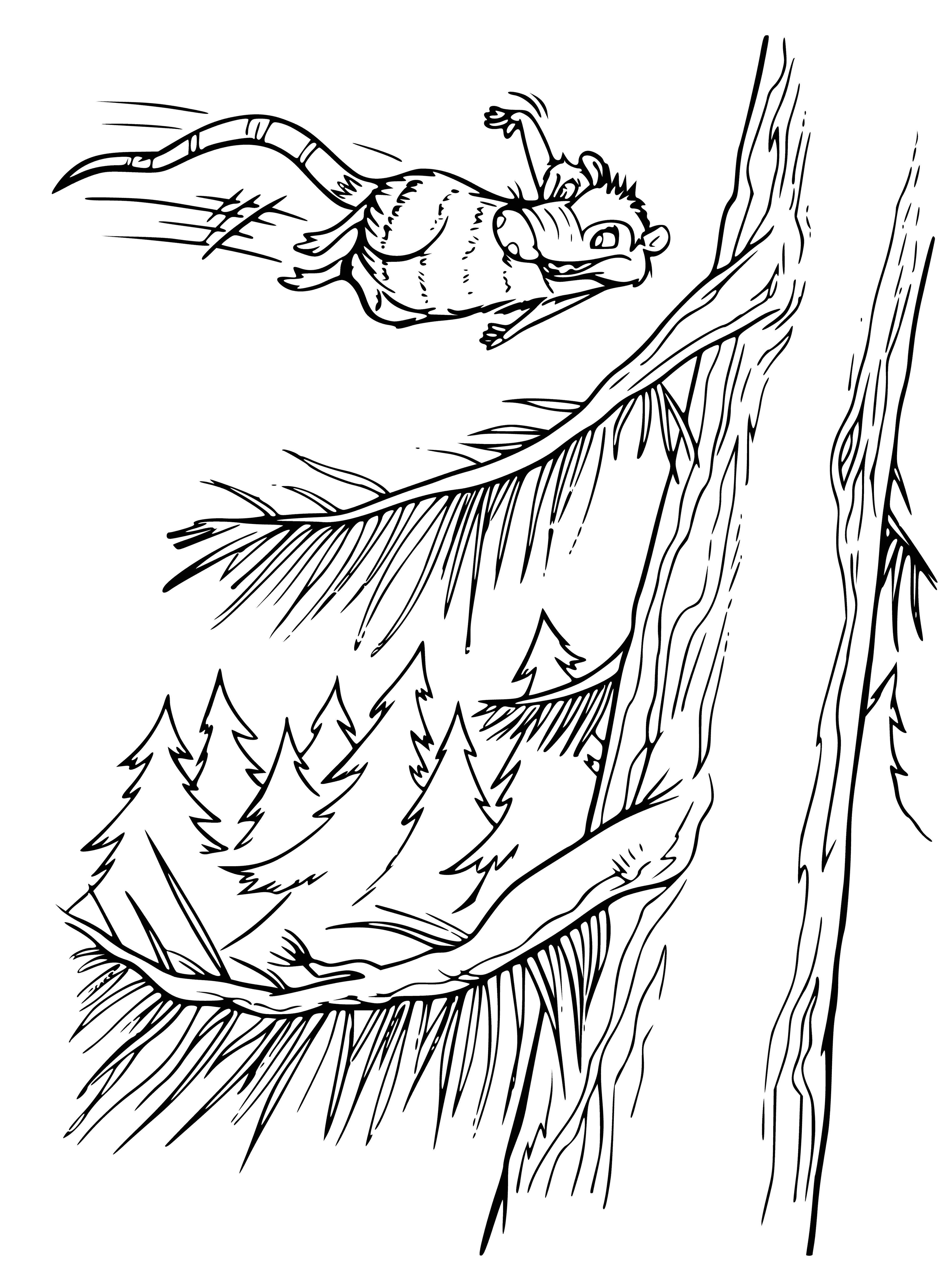 coloring page: A flock of multi-colored possums flying in a V-shaped formation against a deep blue sky with clouds in the distance.