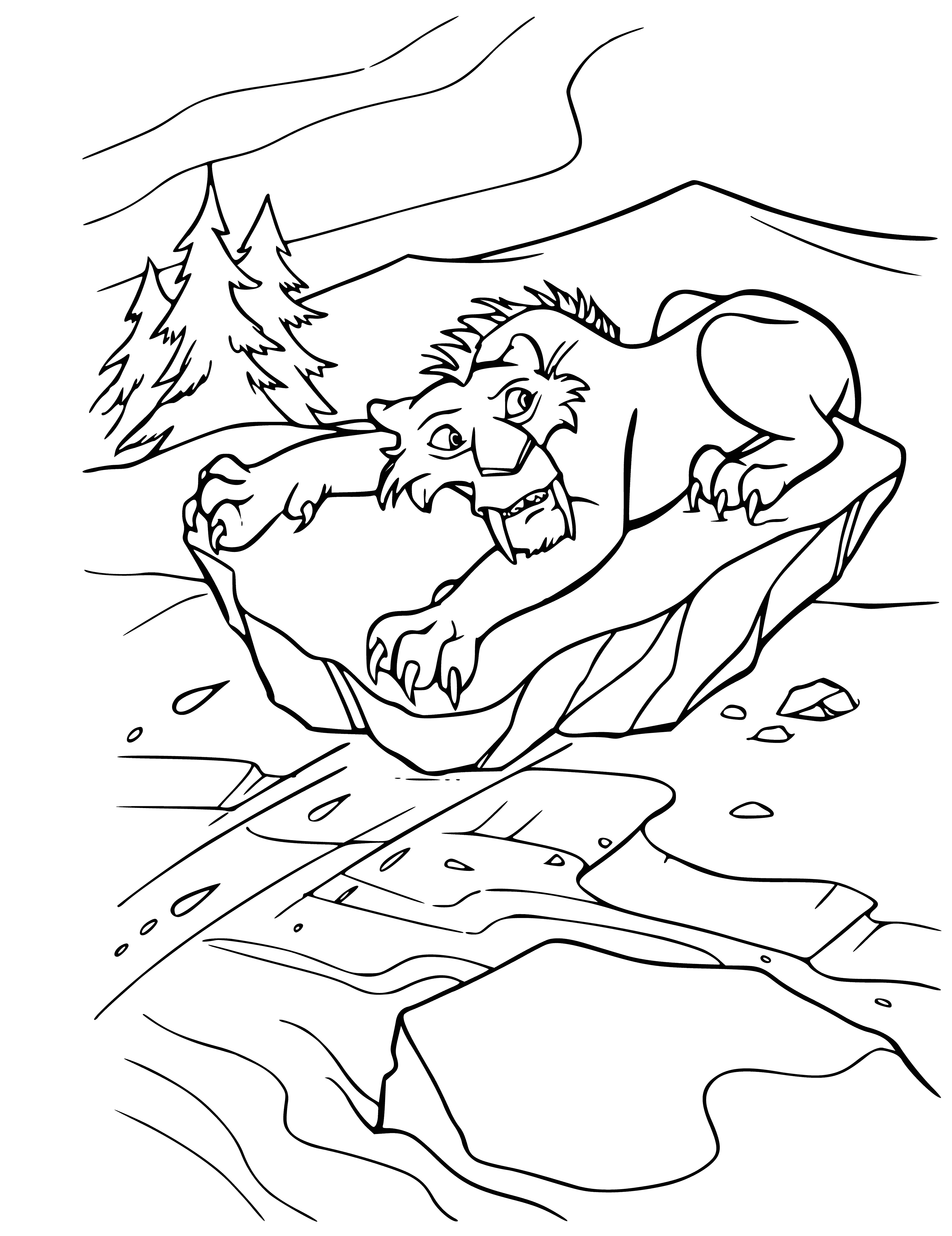 coloring page: Coloring page scene from Ice Age: Diego a saber-toothed tiger who's scared of water.