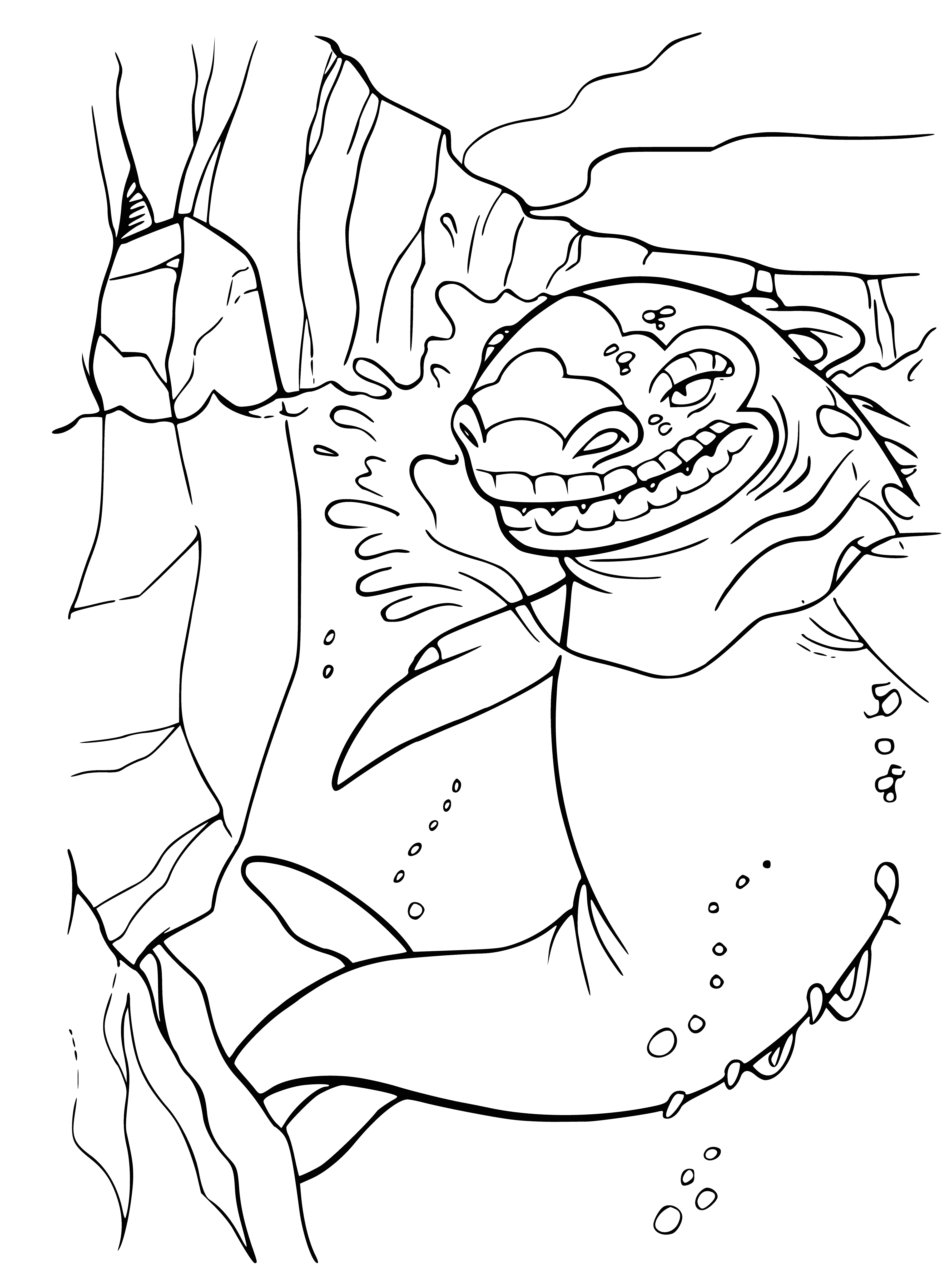 coloring page: Gigantic predatory reptile frozen in ice with sharp claws, long neck and sharp teeth, covered in scales and cold eyes.