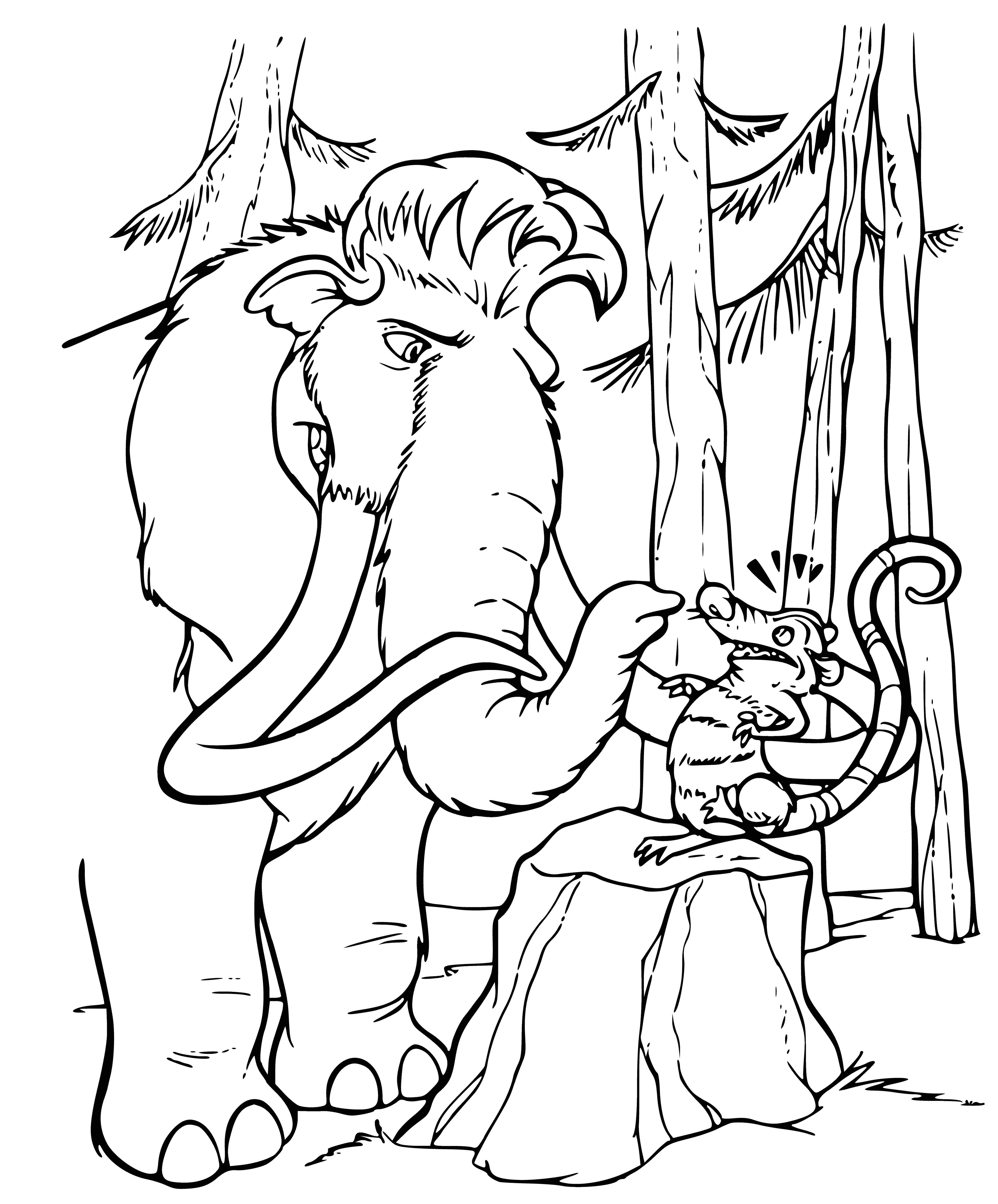 coloring page: Manny, a mammoth wearing a blue scarf, is walking through snow with a possum on his back. It has a white belly, black back and long tail.