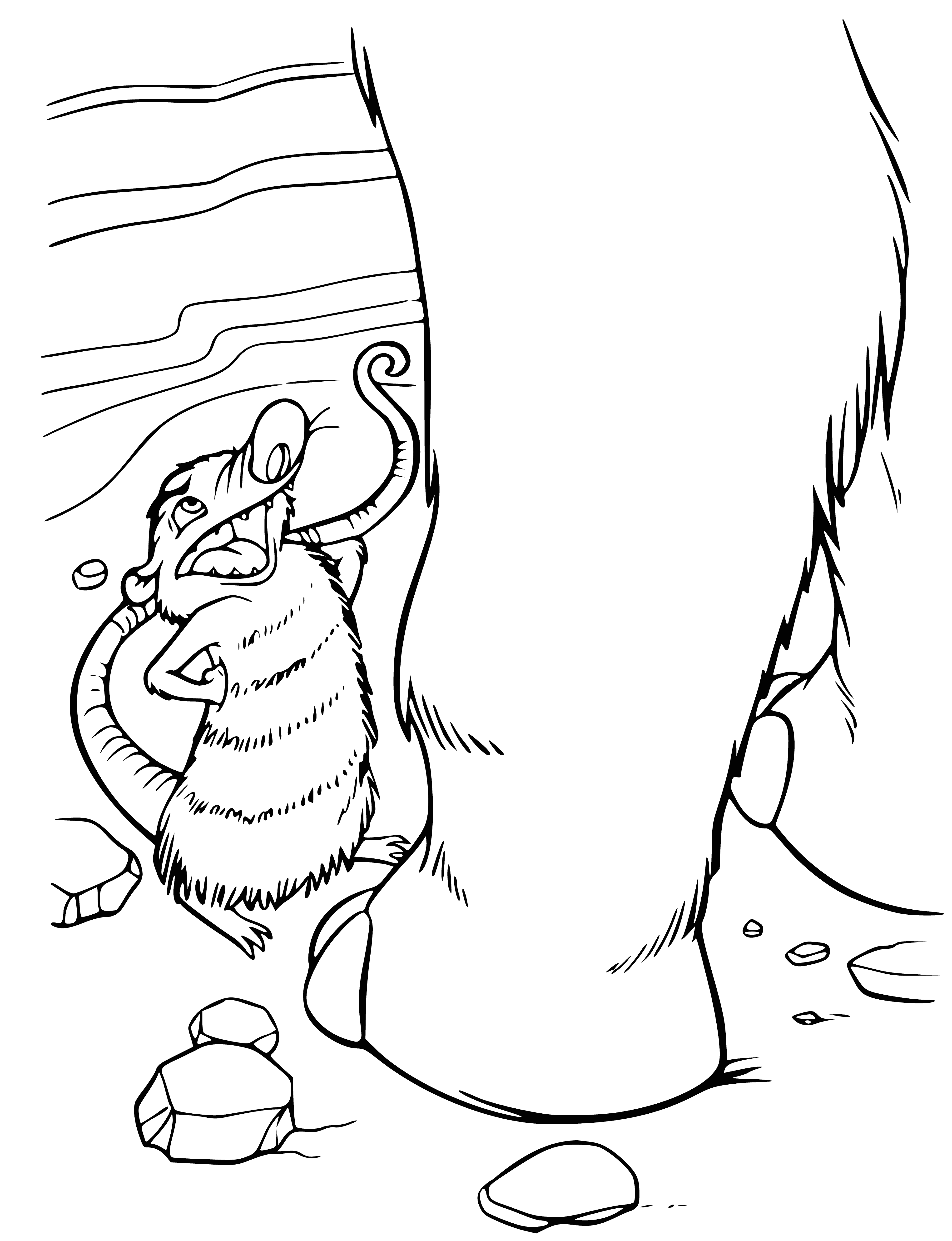 coloring page: Possum hangs from tree branch, small & gray-furred; mammoth near by, larger & matted gray. Both have small eyes.