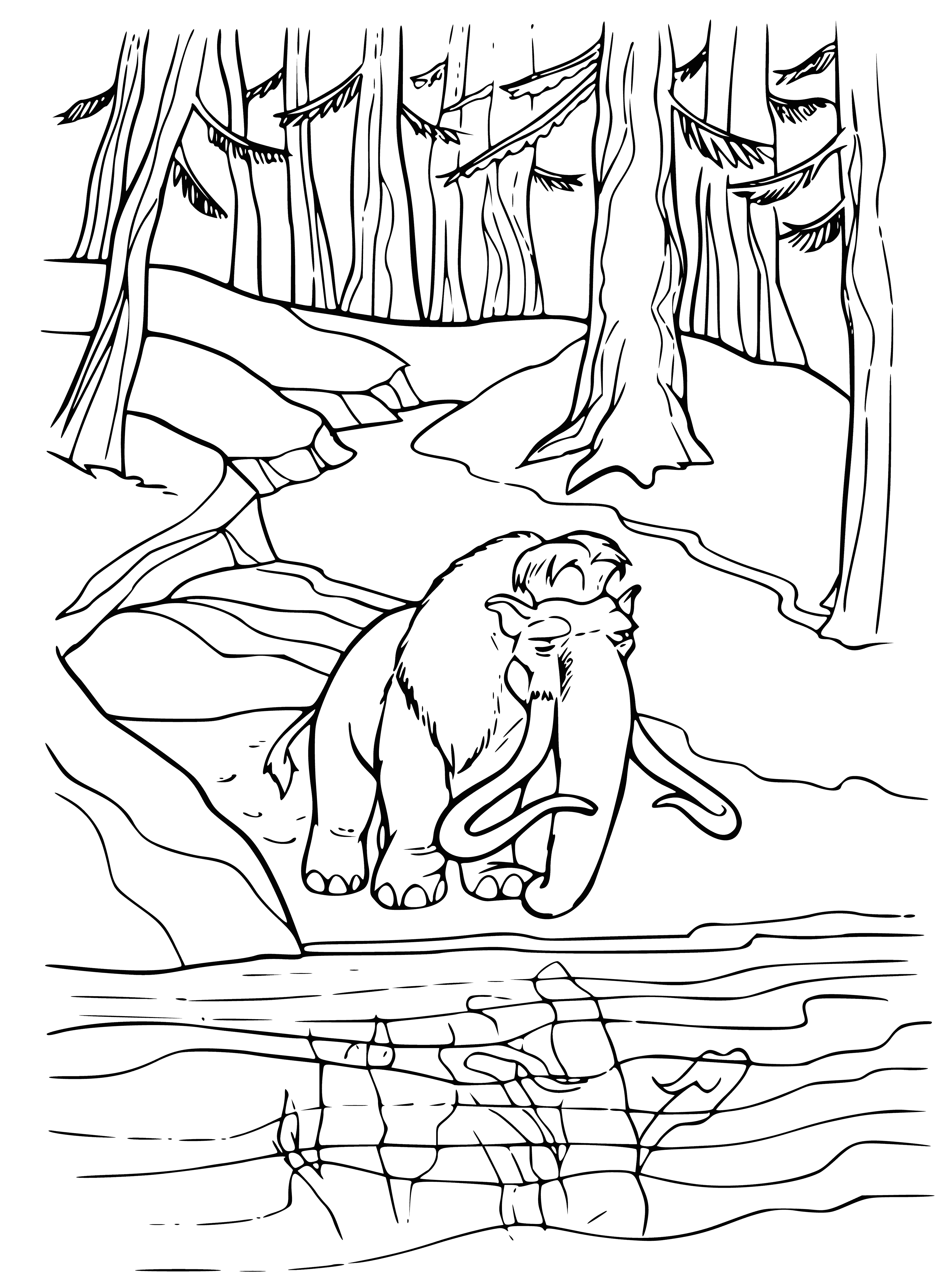 coloring page: Manny the mammoth is standing in a field of snow surrounded by huge mountains on a cloudy, gray day looking sad and lonely.