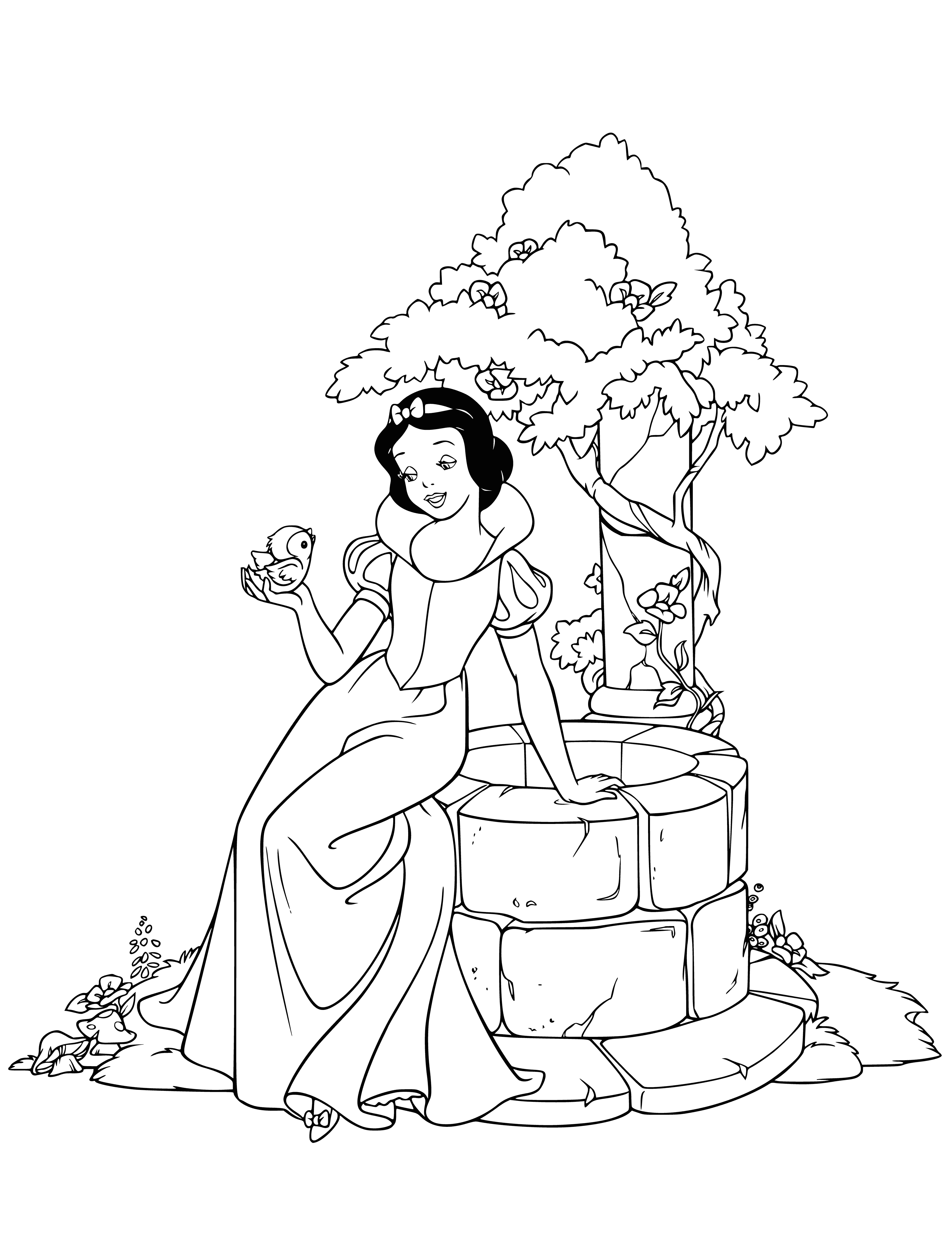 coloring page: Snow White stands at a well, surrounded by the seven dwarfs. They are all gazing down into the water.
