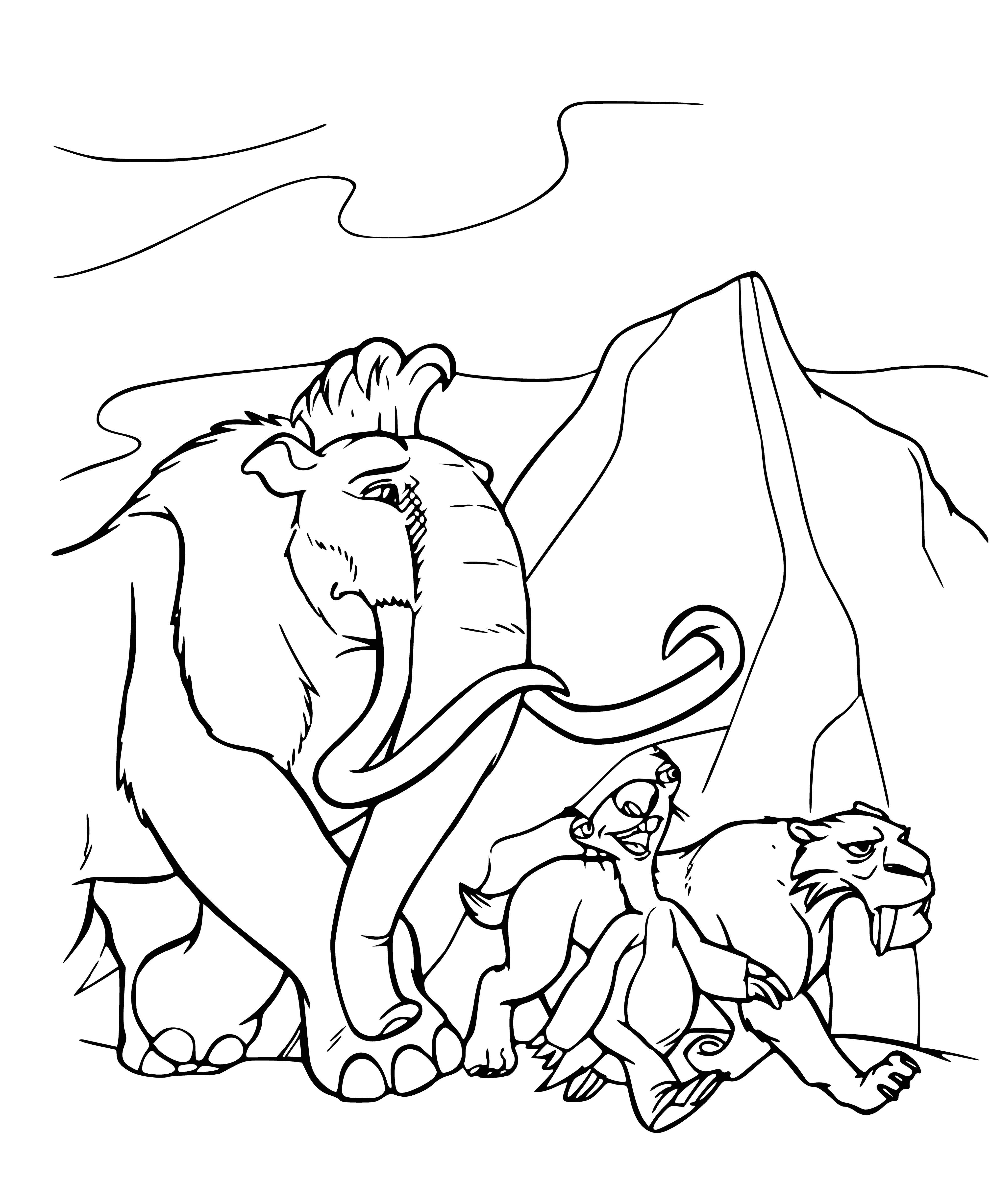 coloring page: Group of animals on mission to return lost human infant to its dad, journey thru danger & adventure to evade hunters. Team: mammoth, sloth, & tiger.