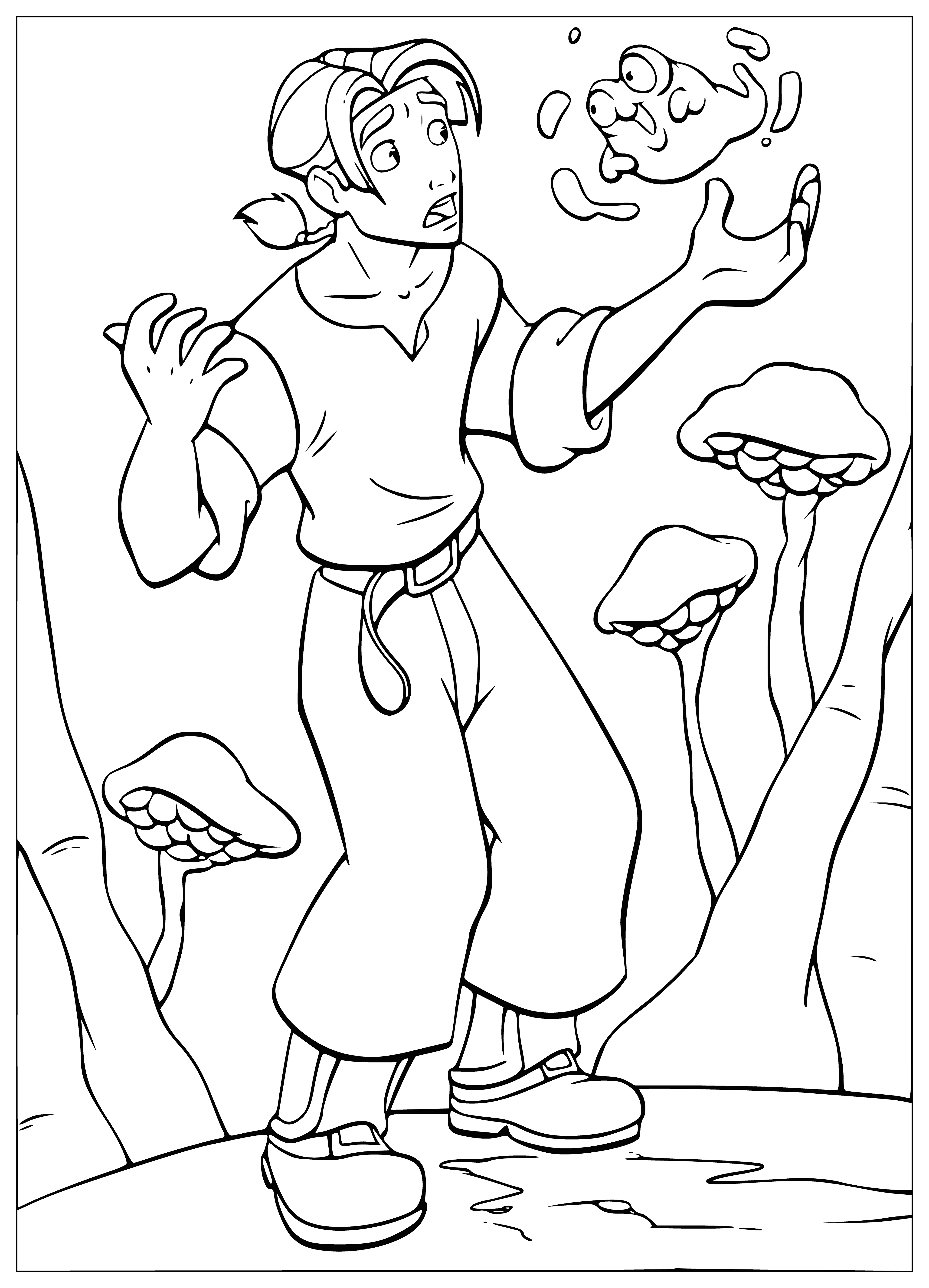 coloring page: Mysterious darkroom filled with treasure, guarded by a black & white morph wearing a map around its neck, and various weapons present.
