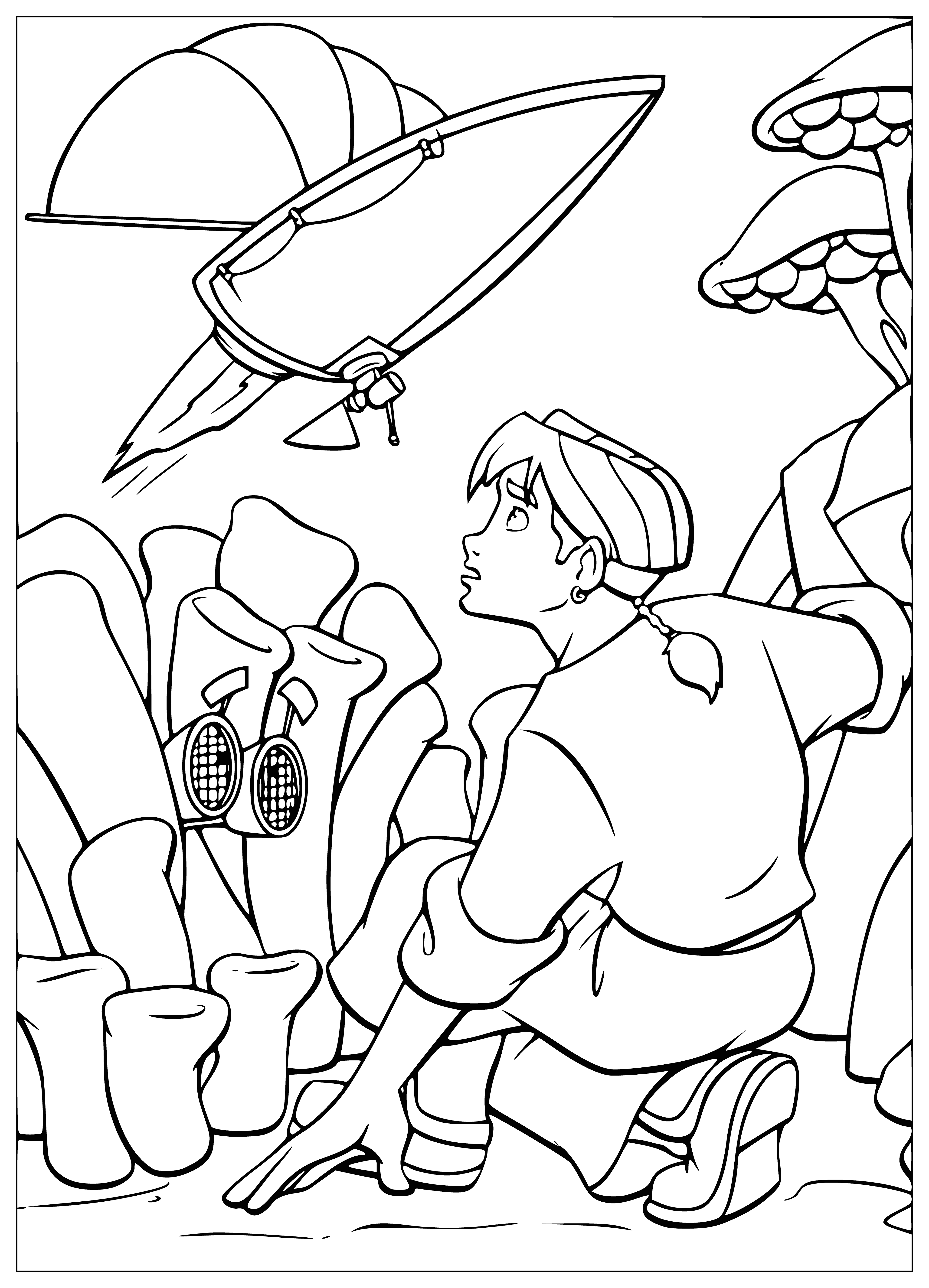 coloring page: Jim is looking at a robot with a rectangular green body, round blue eyes, two claw-like arms and two rectangular legs. #Robot #ColoringPage