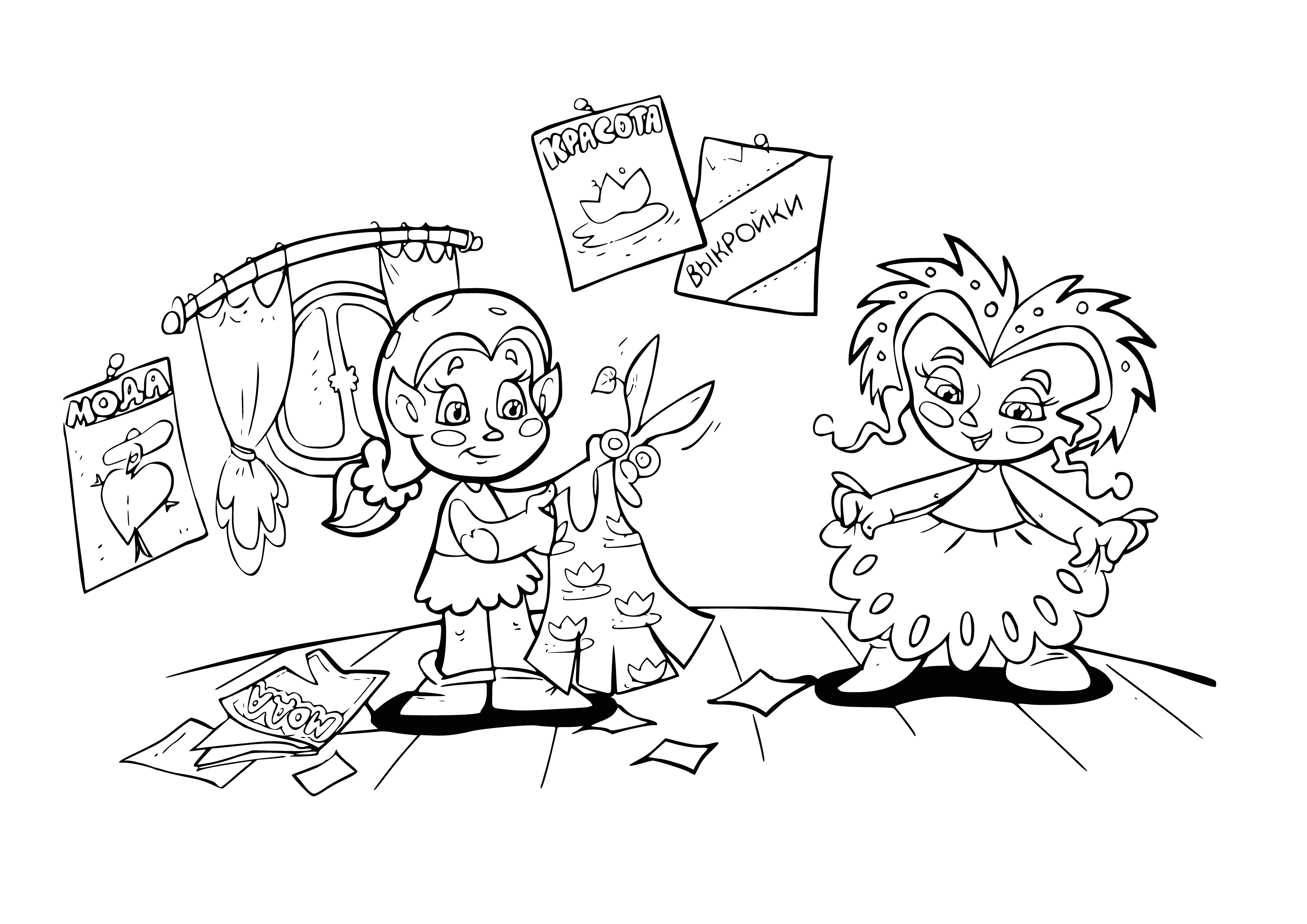 coloring page: Best friends Duckweed (duck) & Zelenka (cat) explore the town of Marzipan, playing drums & singing, always up to a new adventure, sticking together no matter what.