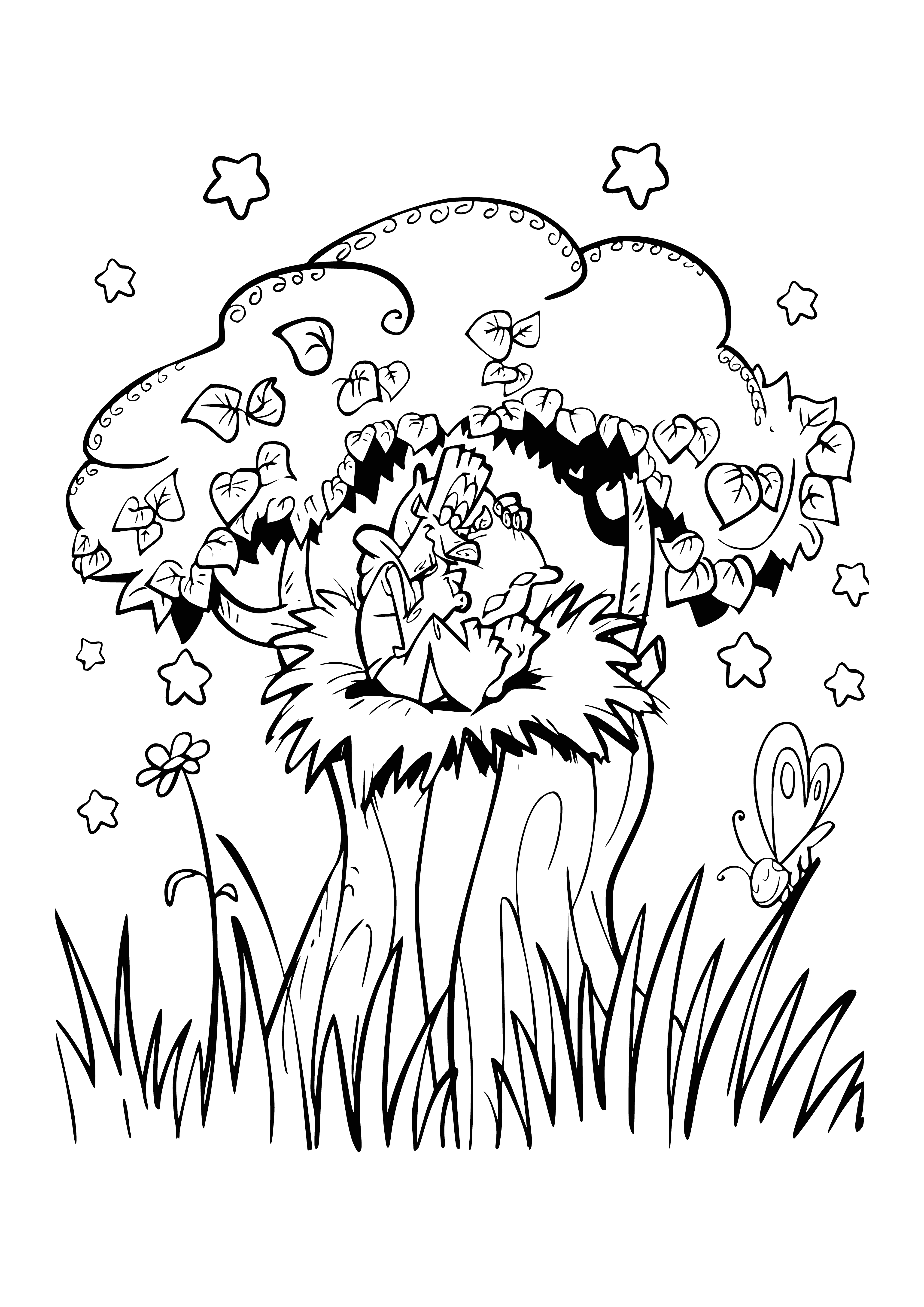 coloring page: In the center of the frame is a white bed on a tree, a lamp on its left & window on the right, while a forest lies in the background.