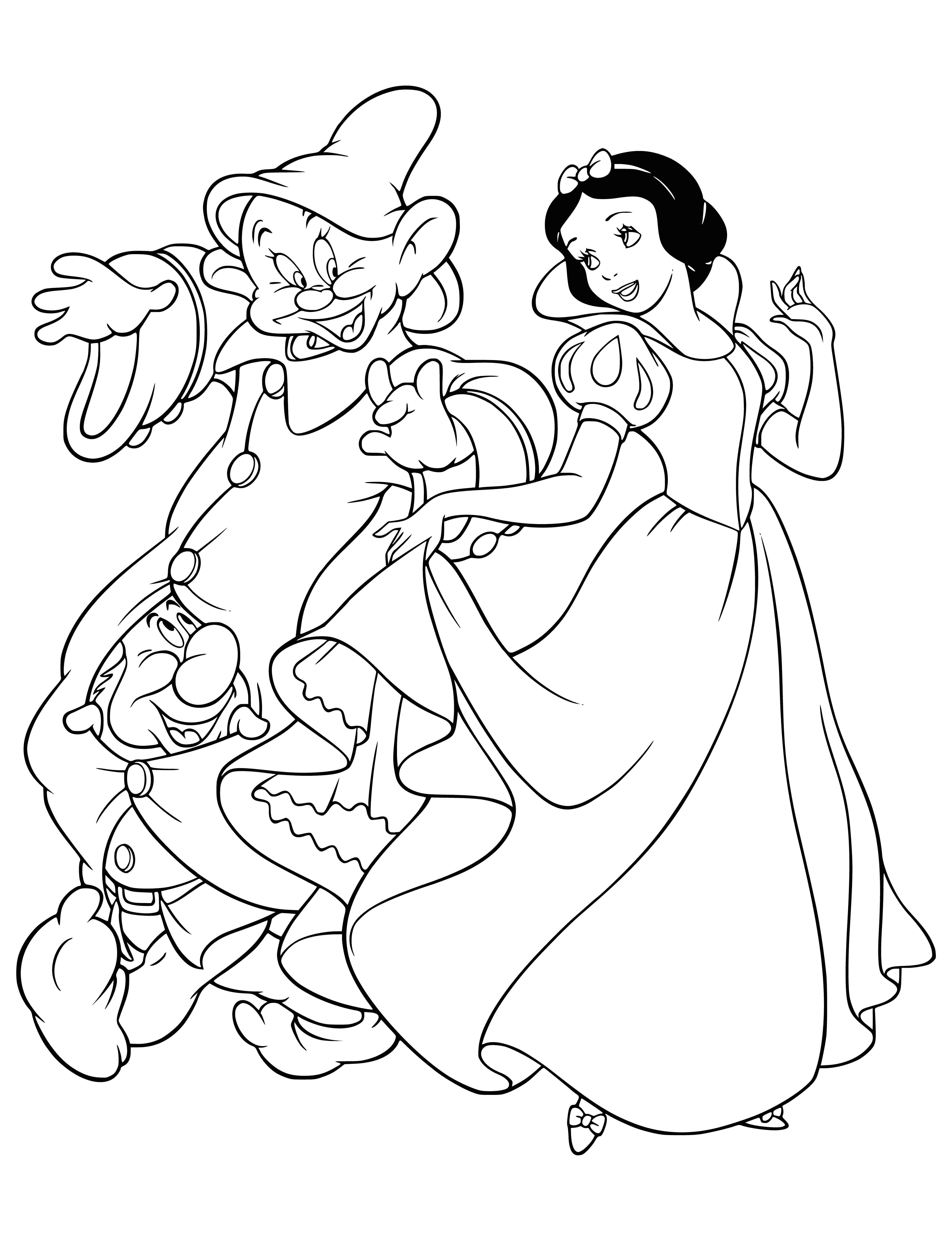 coloring page: The Dwarfs are worriedly gazing at the lifeless Snow White, lying on the ground with her pale face and outspread hair.