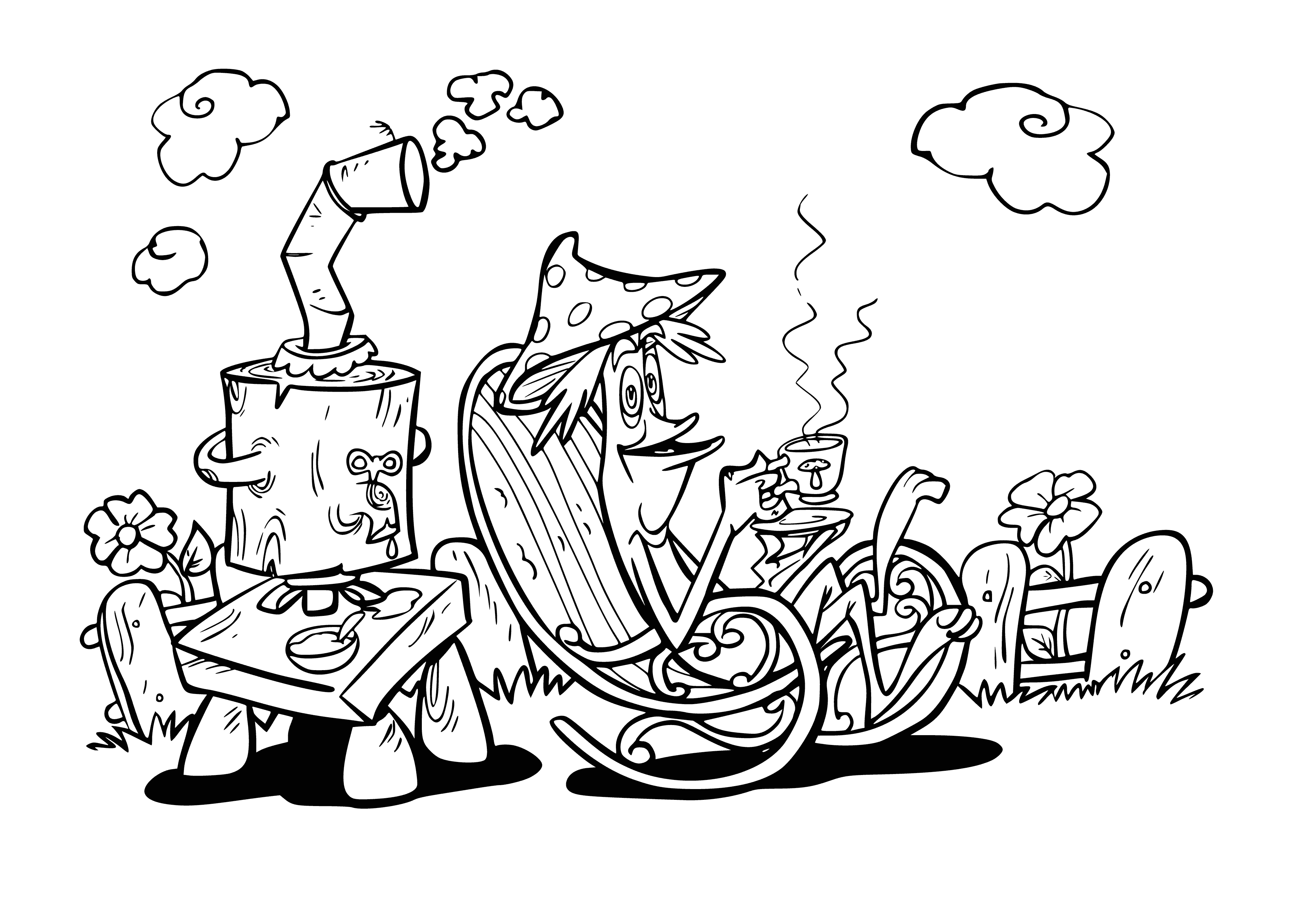 coloring page: Hmor sips tea, holding a book, from a cup at a table with a pot of tea in front.