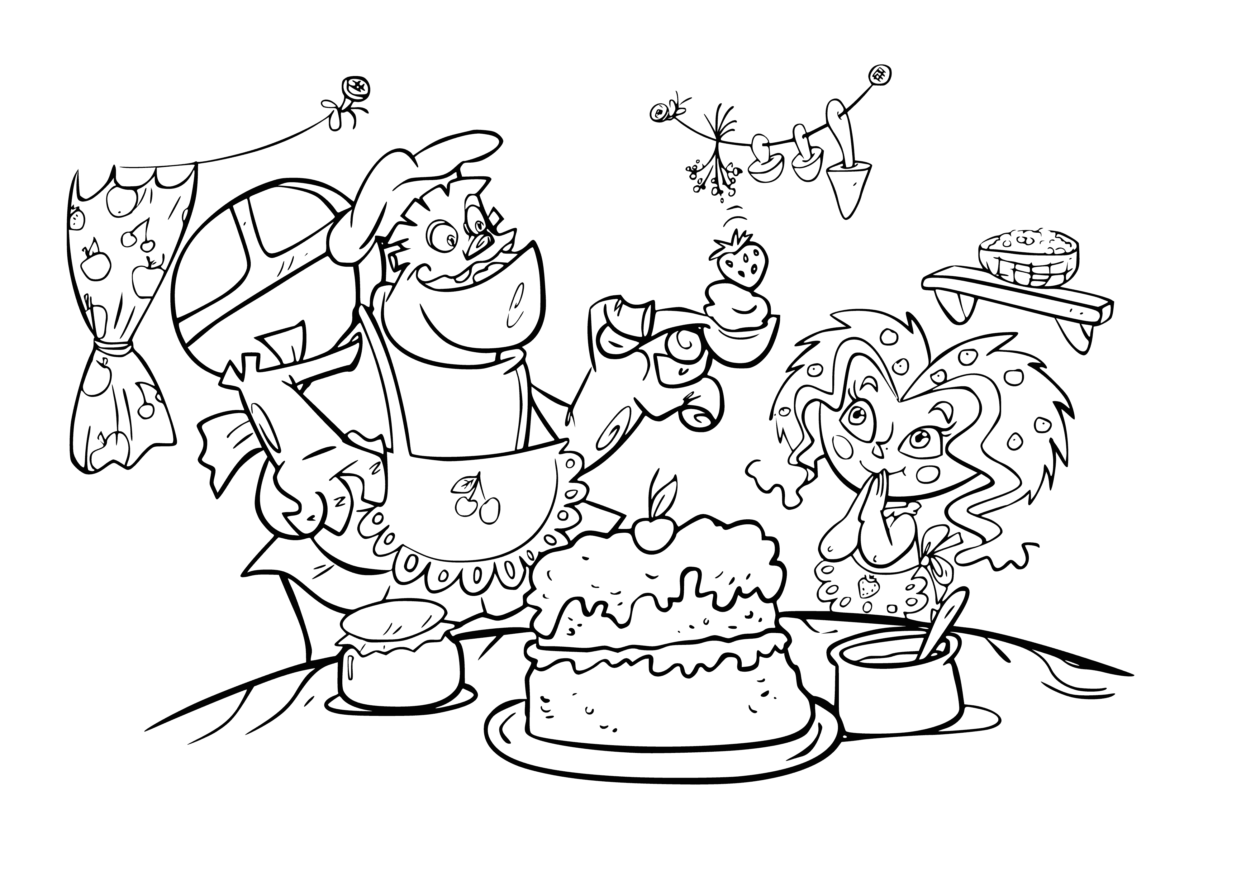 coloring page: Young Leshiki uses magic to stop evil Zelenka, who creates monsters with a black box to do his bidding.