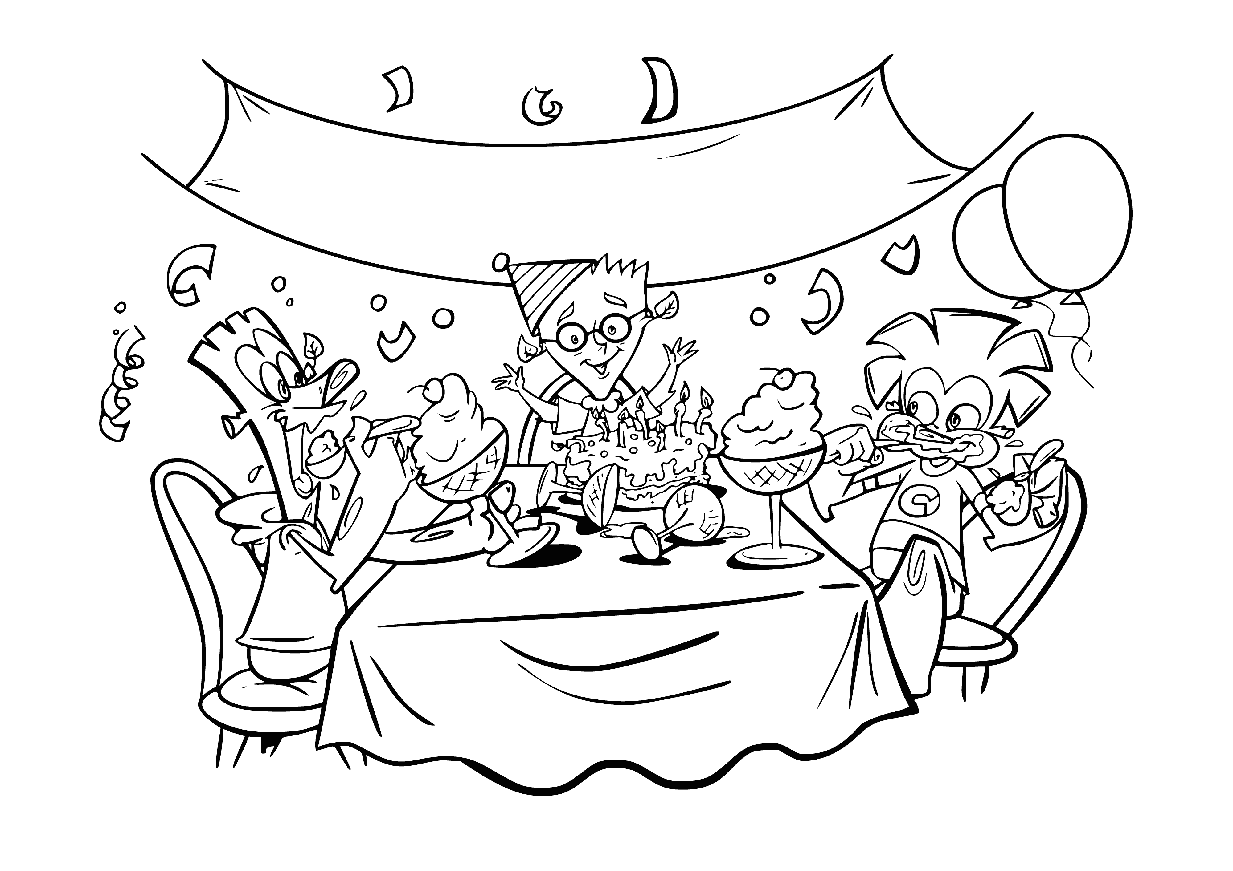 coloring page: Coloring page of "Leshiki" - Birthday cake with two children blowing out five candles. #animation #birthday #cakes