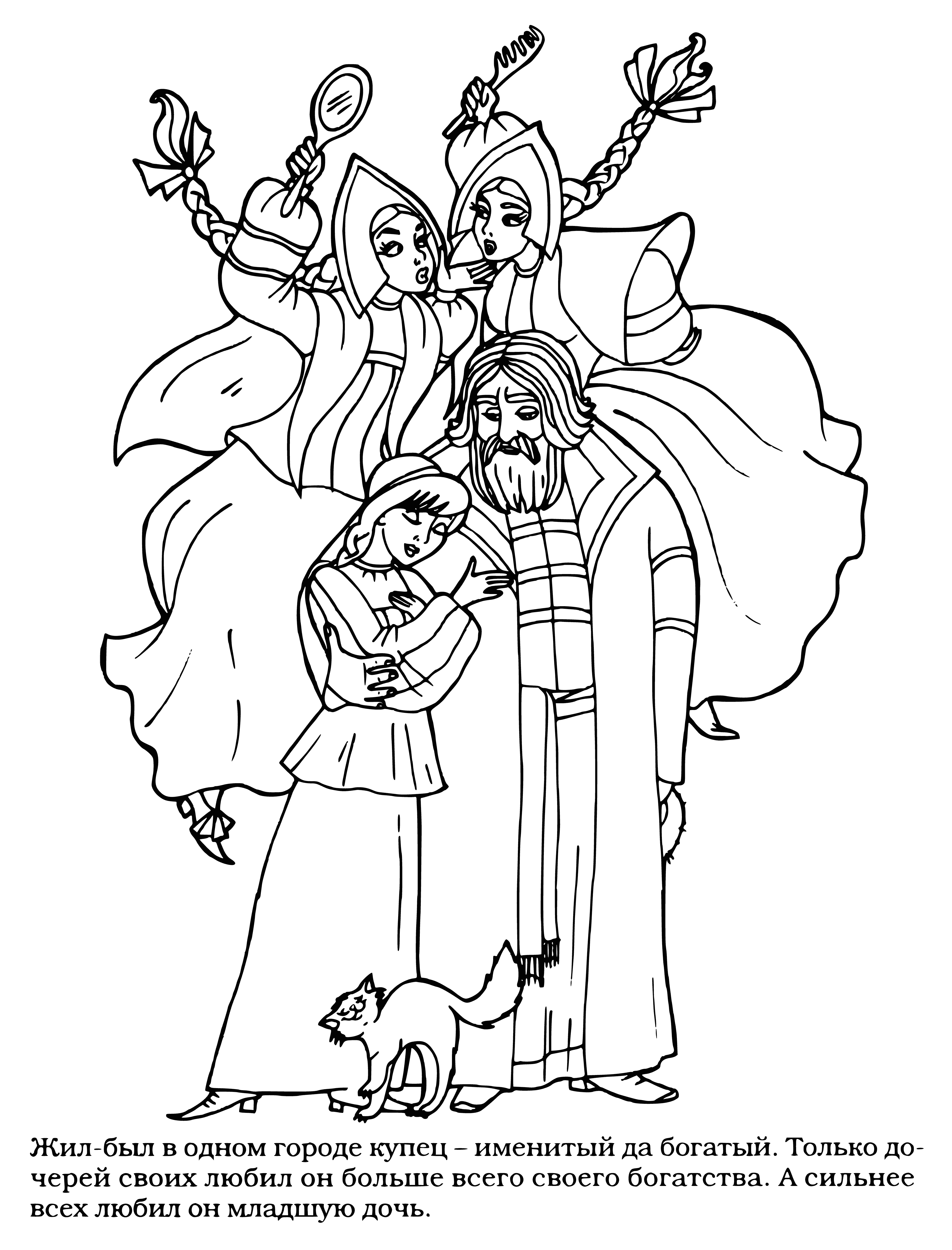 coloring page: Younger sis watches on, not bestowed a flower but pleased her older sis is crowned Scarlet Flower.