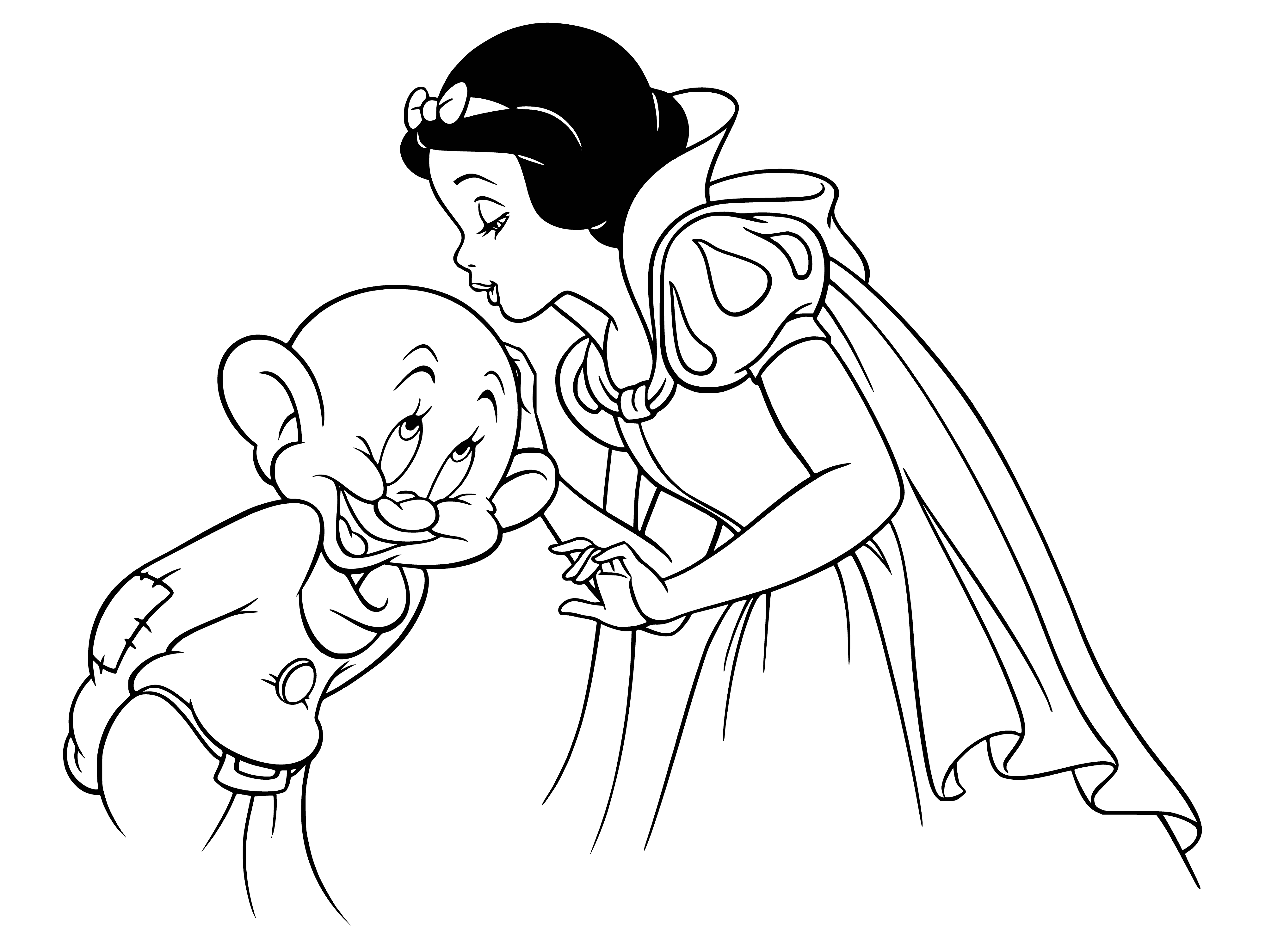 coloring page: Snow White stands before seven dwarfs, smiling with a book in her hand, bringing joy to them all.