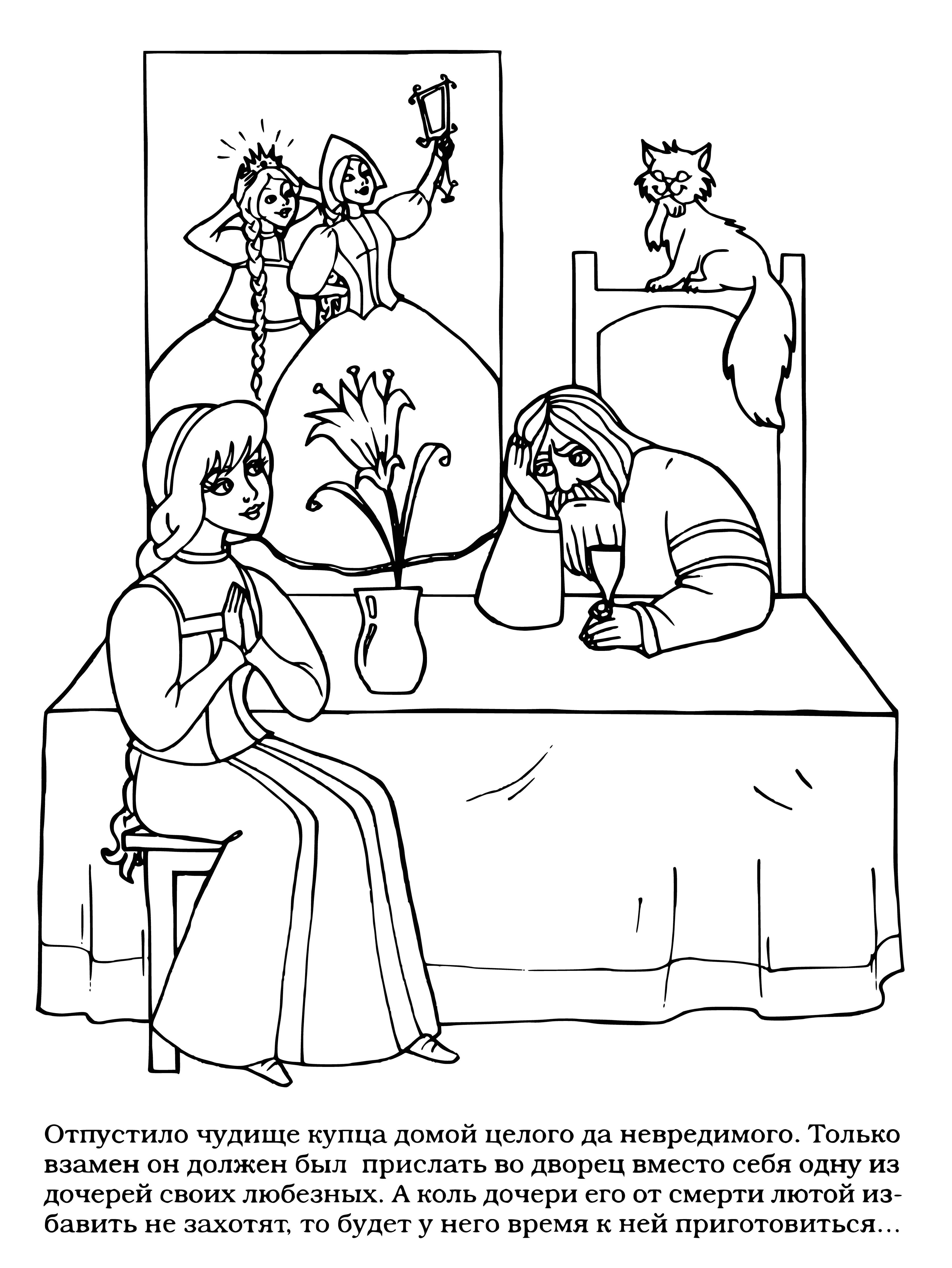 coloring page: Man in purple robe and scarf looks worriedly at boiling pot on fire. Wears a headband and has long beard.