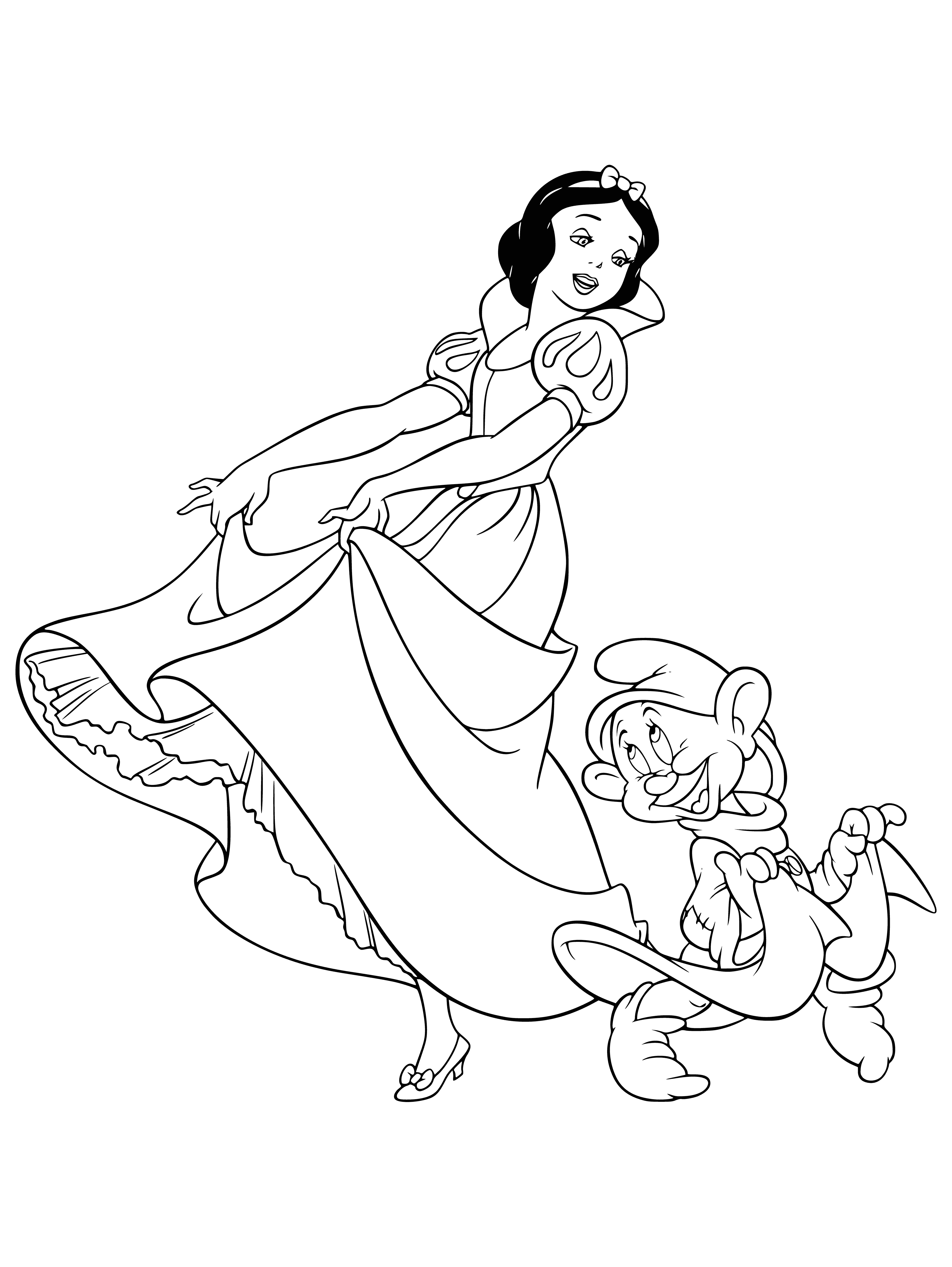 coloring page: Snow White dances in a ring with seven gnomes wearing brown hats and green vests. She is wearing a red and white Bavarian dress with a white apron, and her hair is in a braided crown. One gnome plays a pipe while the others dance.