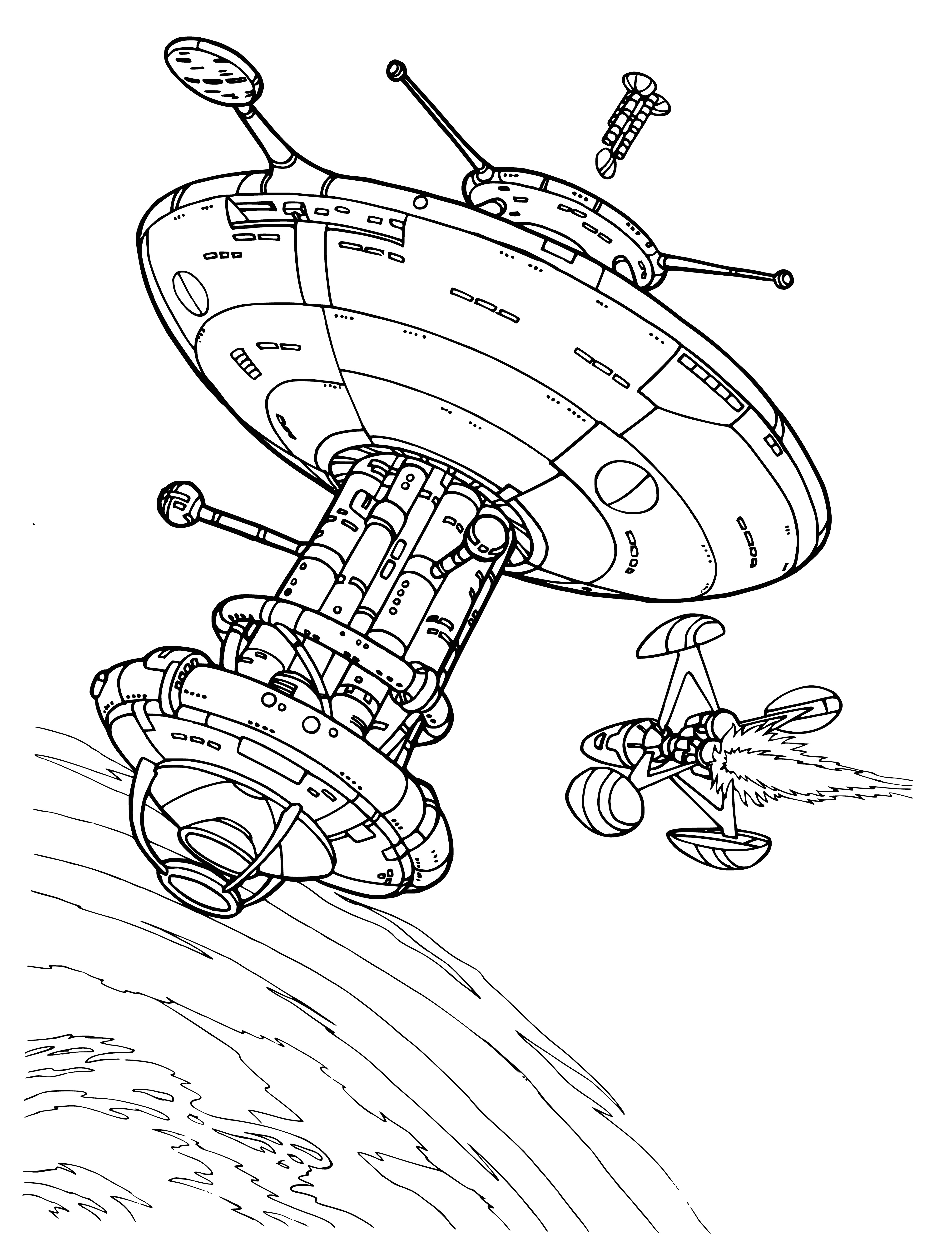 coloring page: Space station is a large satellite for people to live & work in, designed for long-term habitation. Provides living quarters, workspace, docking ports & propulsion system.