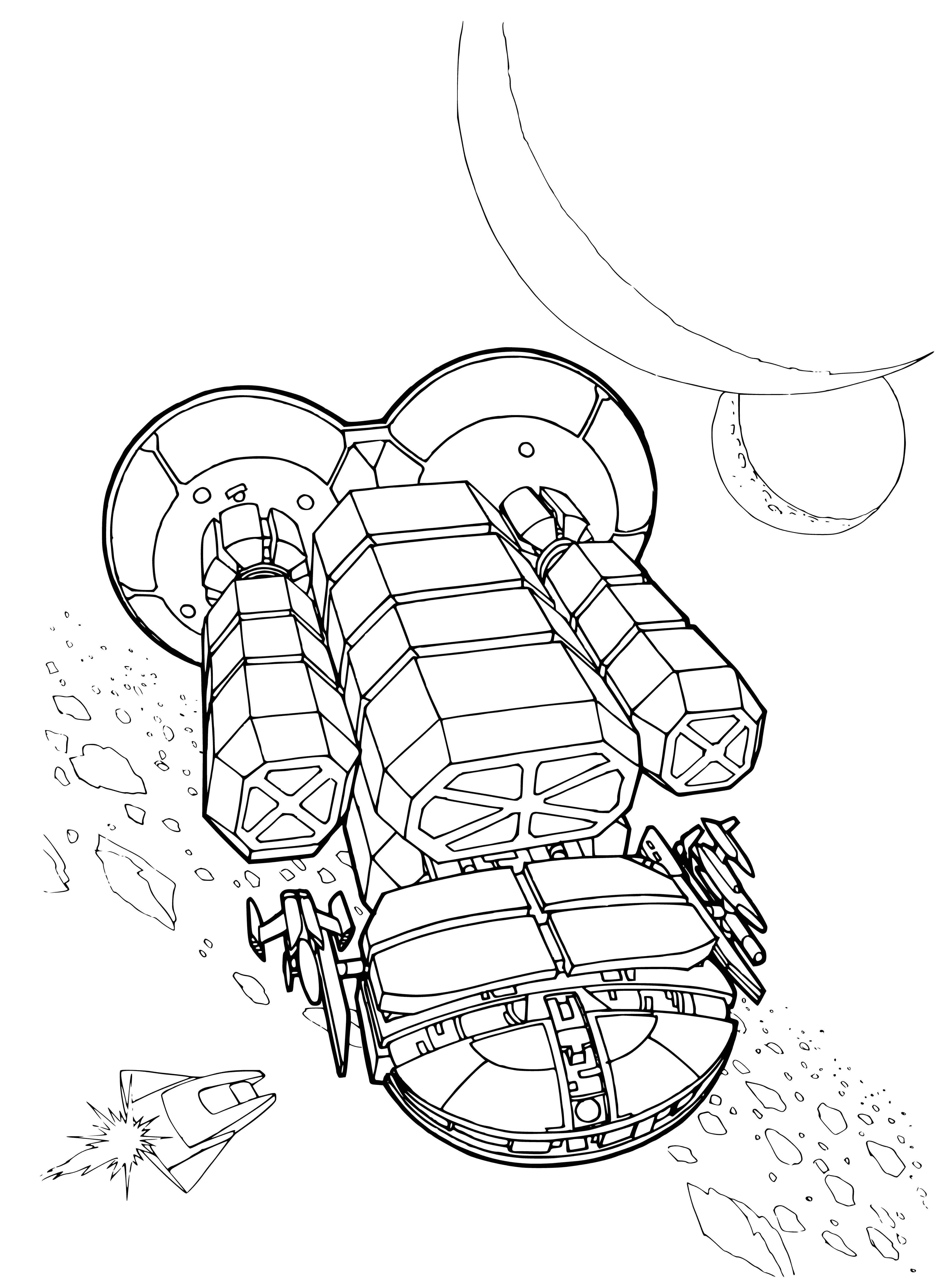 coloring page: Spaceship taking off among stars in deep black background - a coloring page to explore creativity!