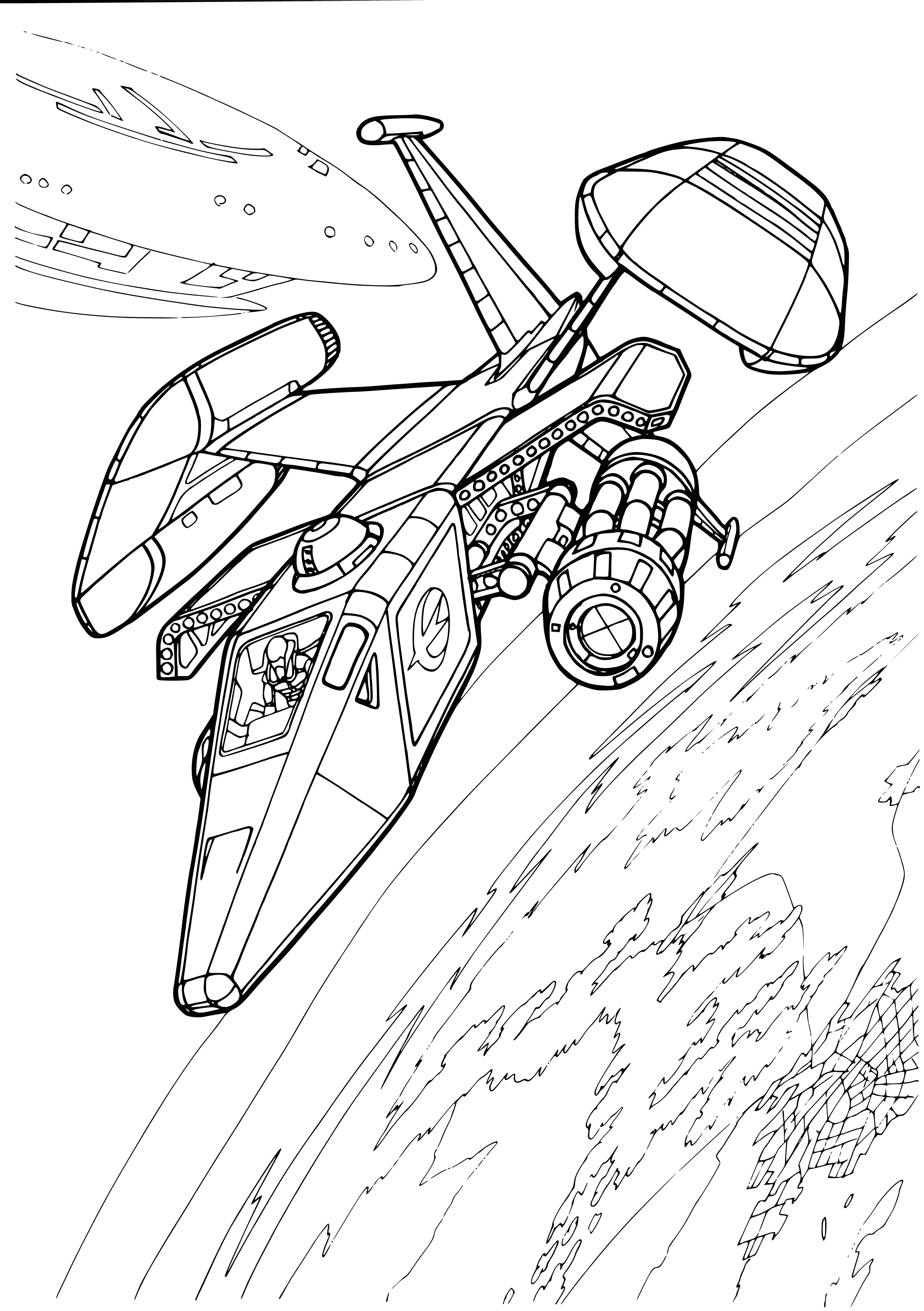 coloring page: Spacecraft zooms through space, passengers snugly seated, ready for takeoff - a future of sleek shapes, stars & windows!