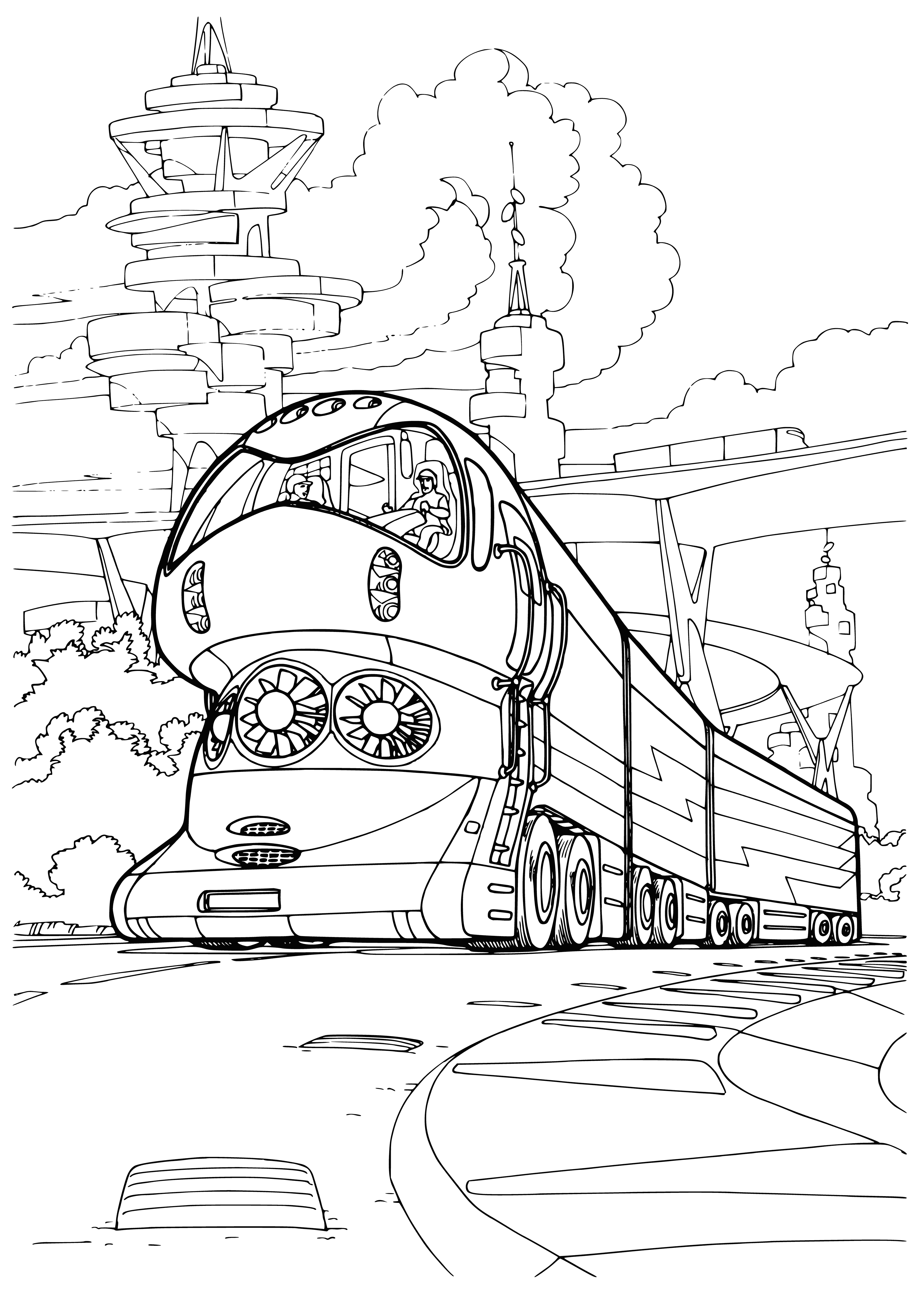 coloring page: Road trains are used to transport large loads over long distances. Up to 53m and 190 tonnes, the Australian Road Train is the largest in the world.