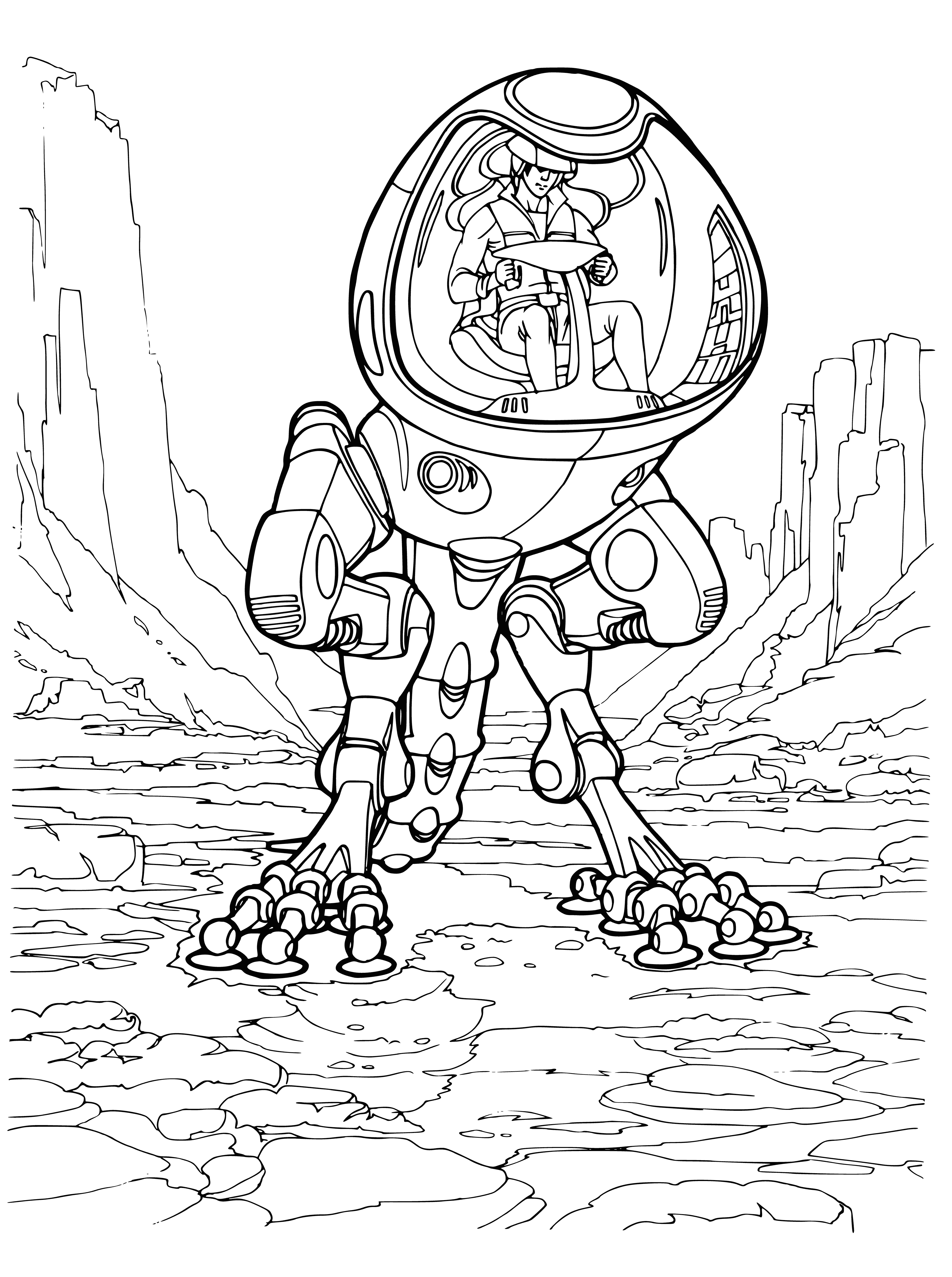 coloring page: People will use two-legged Walkers as main mode of transport. Powered by legs for fast speeds without fatigue. Computer helps navigate and avoid obstacles.