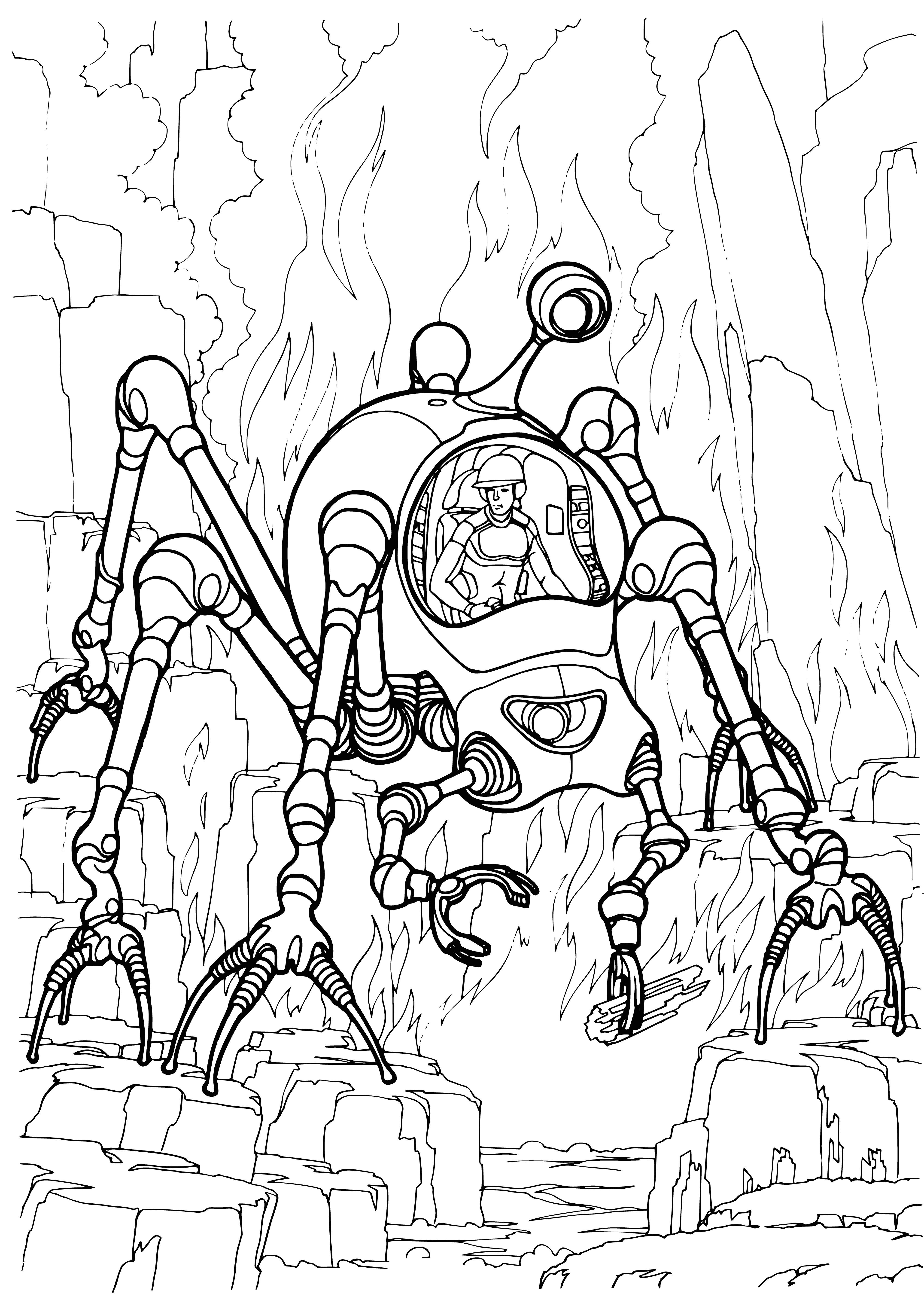 coloring page: Spider made from car climbs wall. Red & black, 8 legs.
