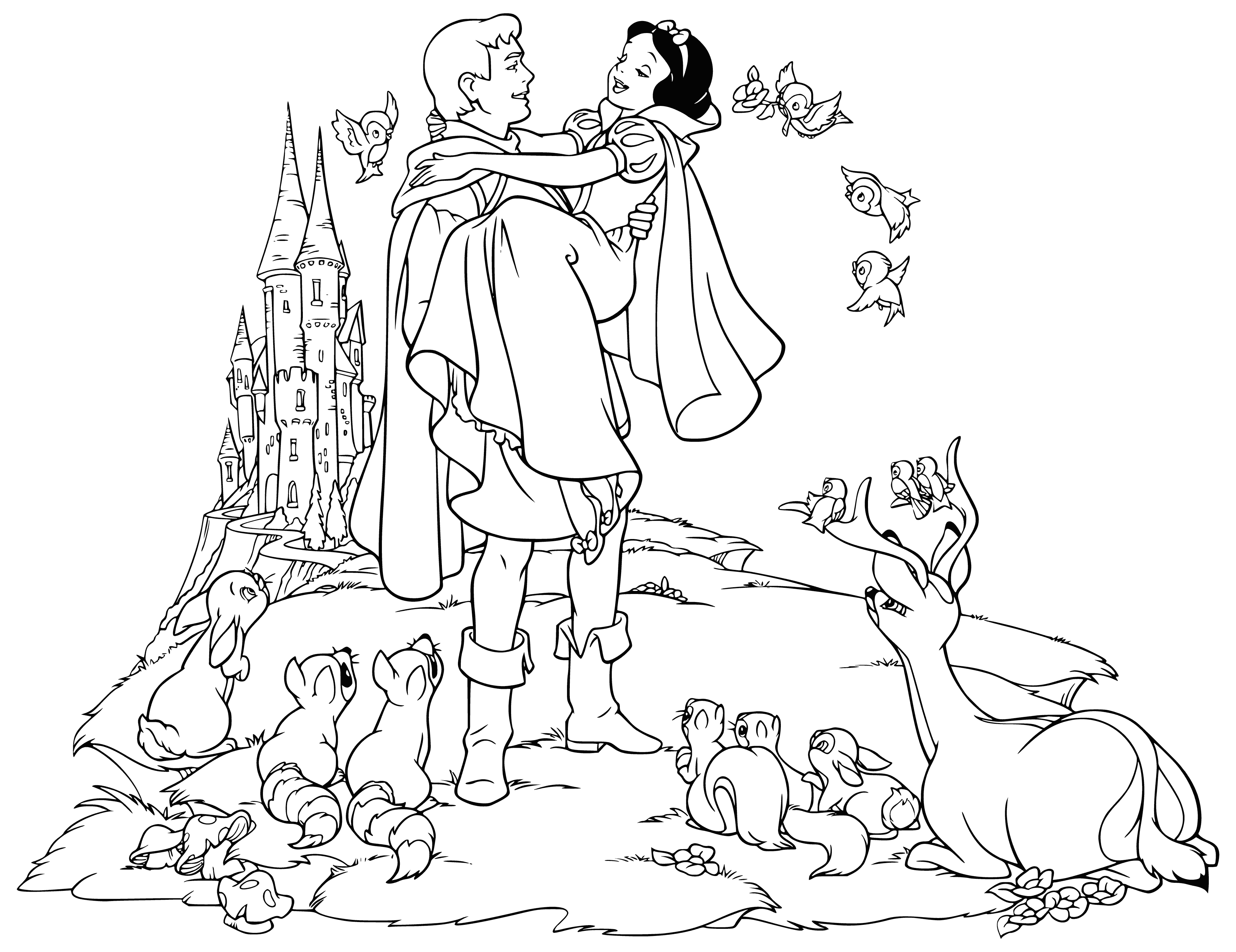 coloring page: The prince is about to kiss Snow White, who stands on a stool with arms around his neck wearing a yellow dress with black belt and shoes. Her dark, curly hair and a red apple in her hand are flanked by the approving dwarfs.