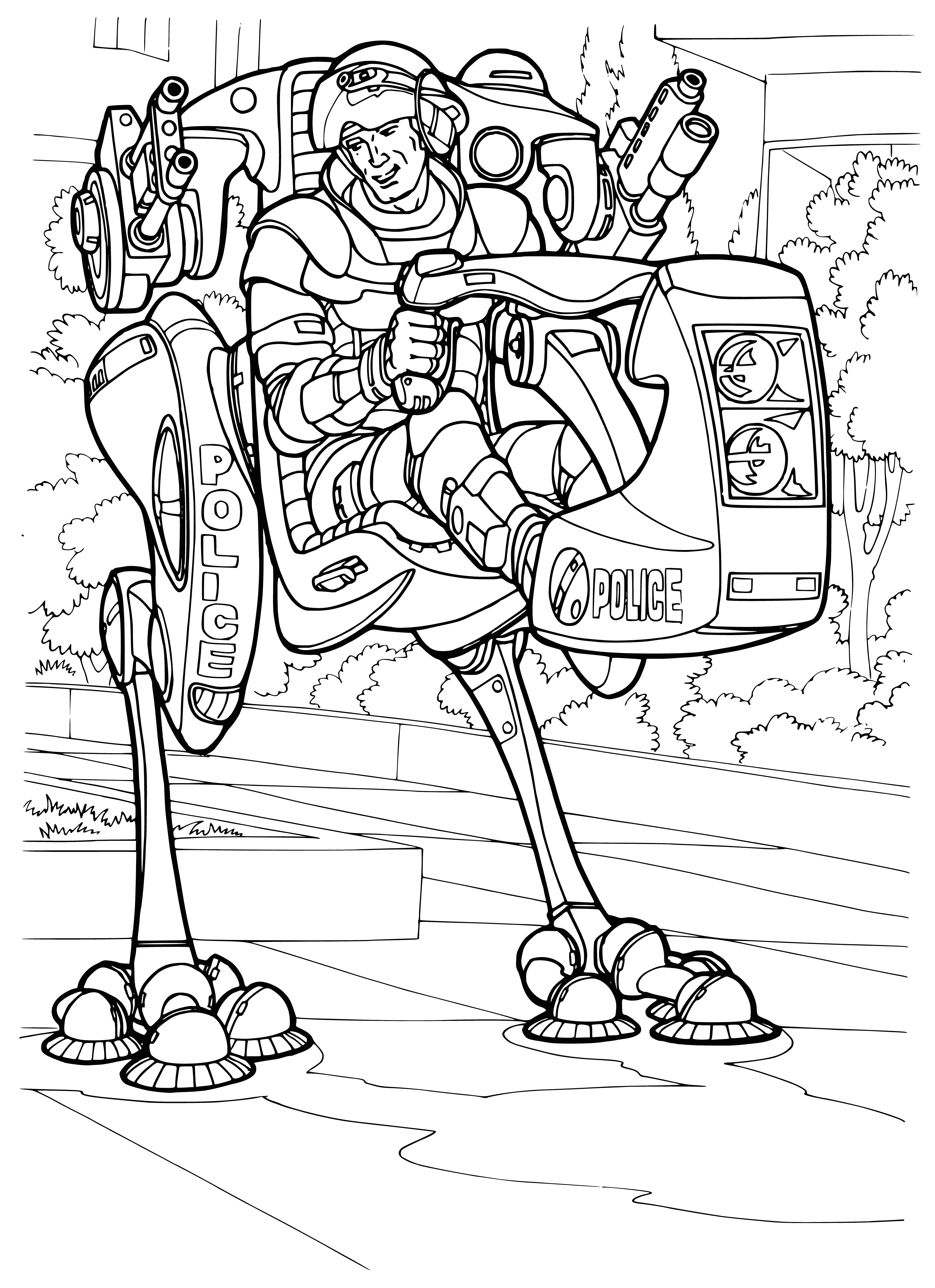 coloring page: Future cities to have advanced tech & walking police with high-tech suits that allow them to walk walls and ceilings & use gadgets like grappling hooks & lines.