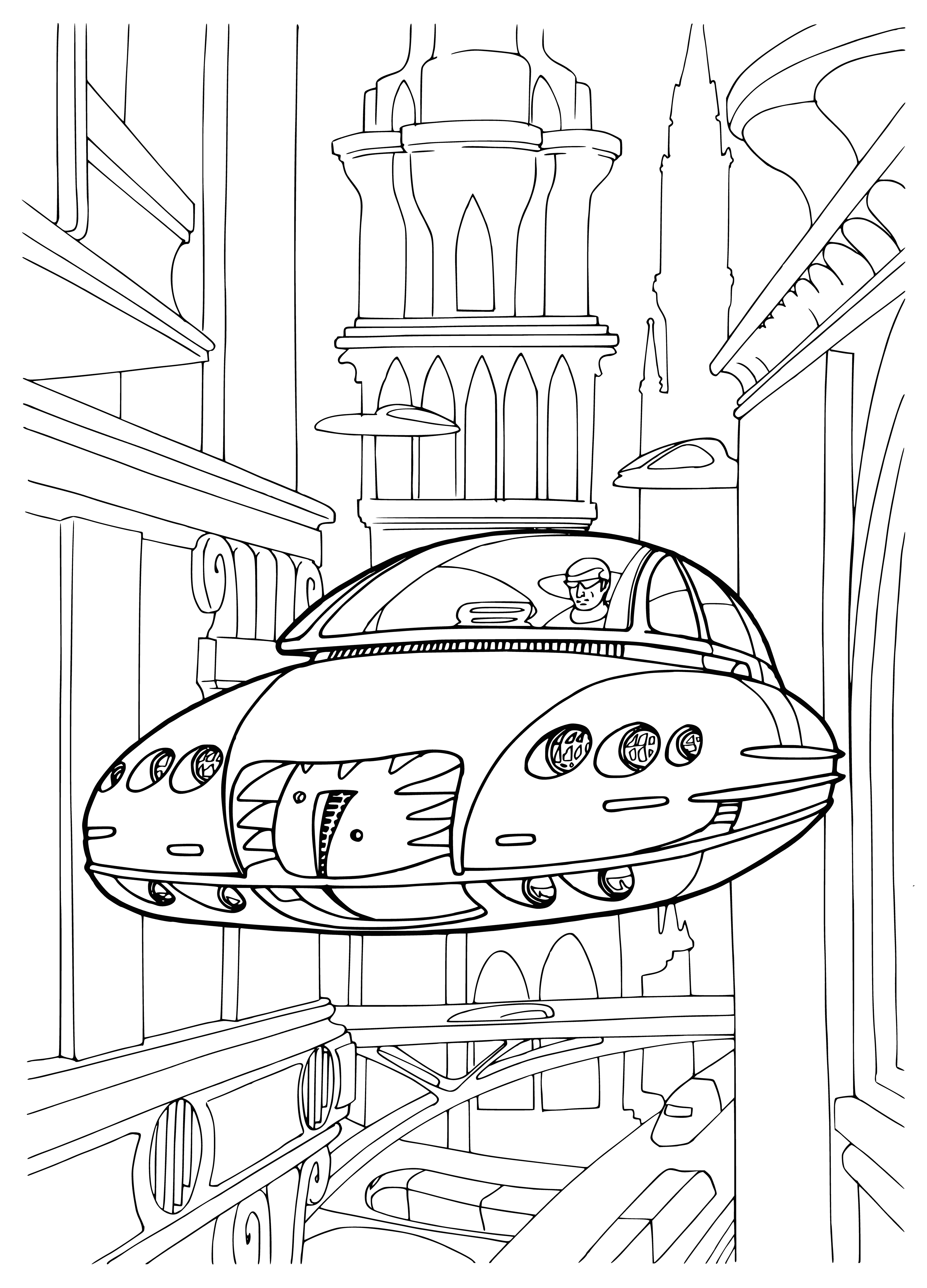 coloring page: An airborne, wheel-less craft that glows blue with a side panel. Control panel may be inside.