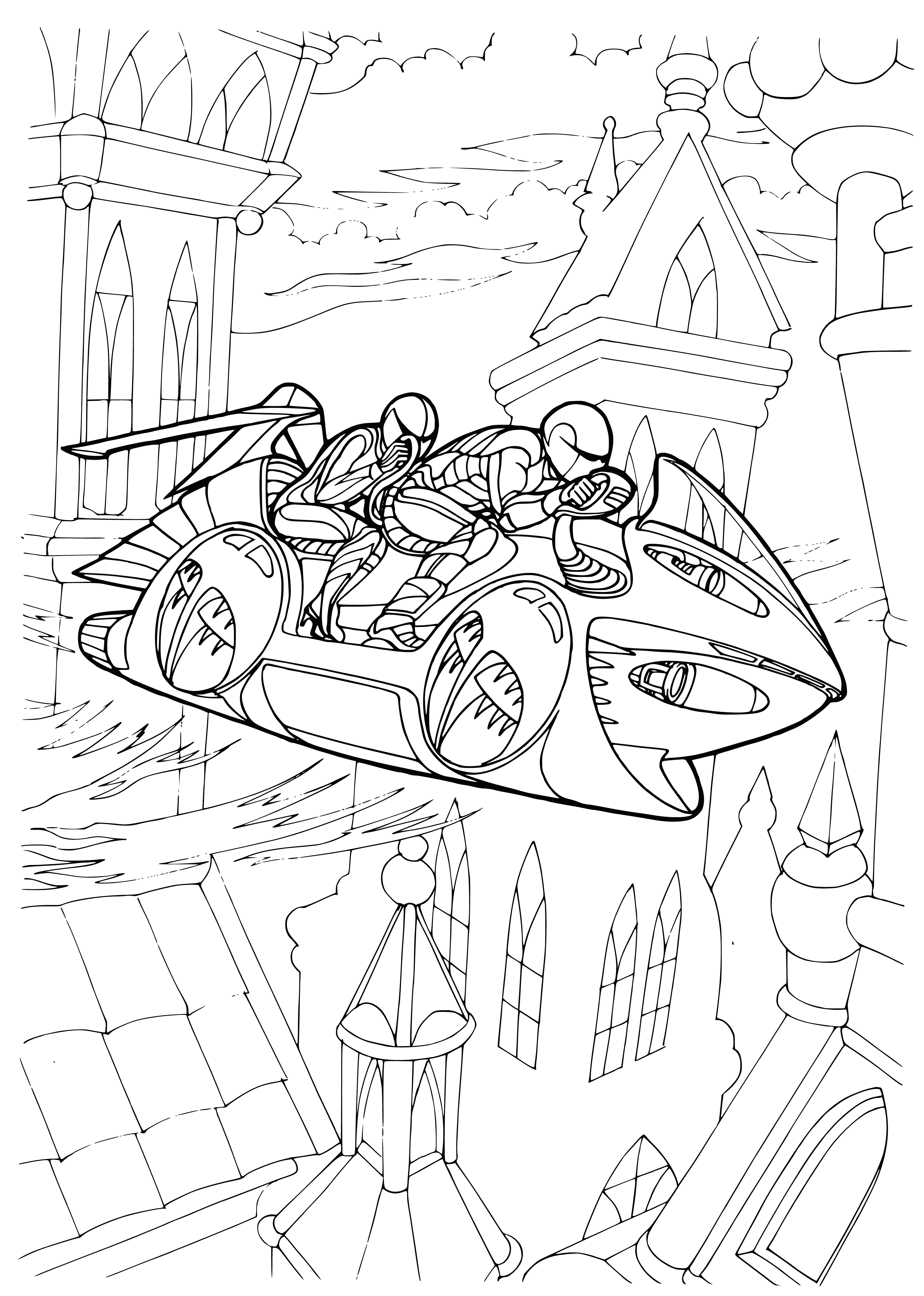 coloring page: A sleek, triangular, floating vehicle cruises down a busy road - no windows or doors visible.
