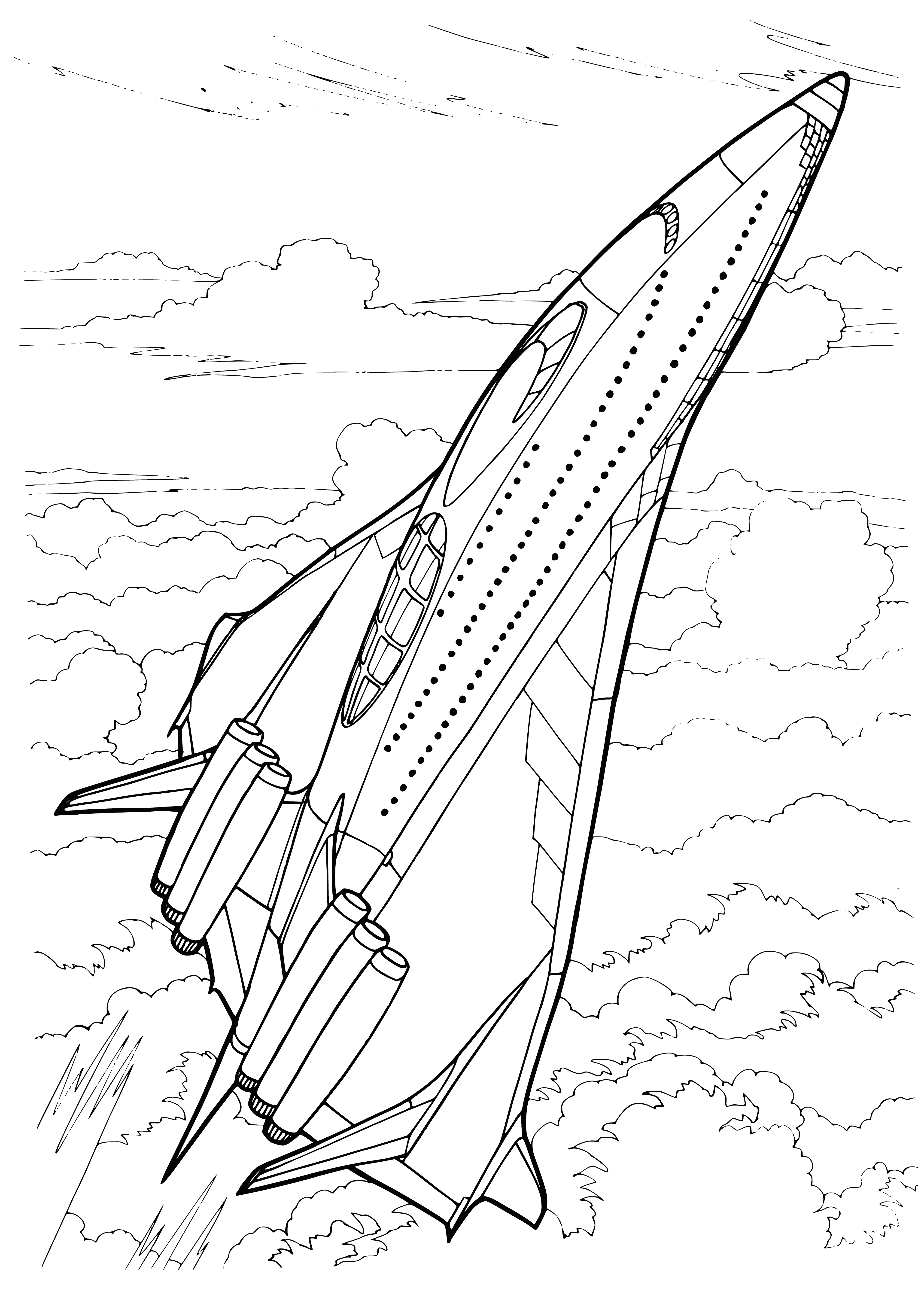 coloring page: At space port, large, sleek liner waits; passengers board, and luggage loaded. Ship brightly lit, air thrumming with anticipation.