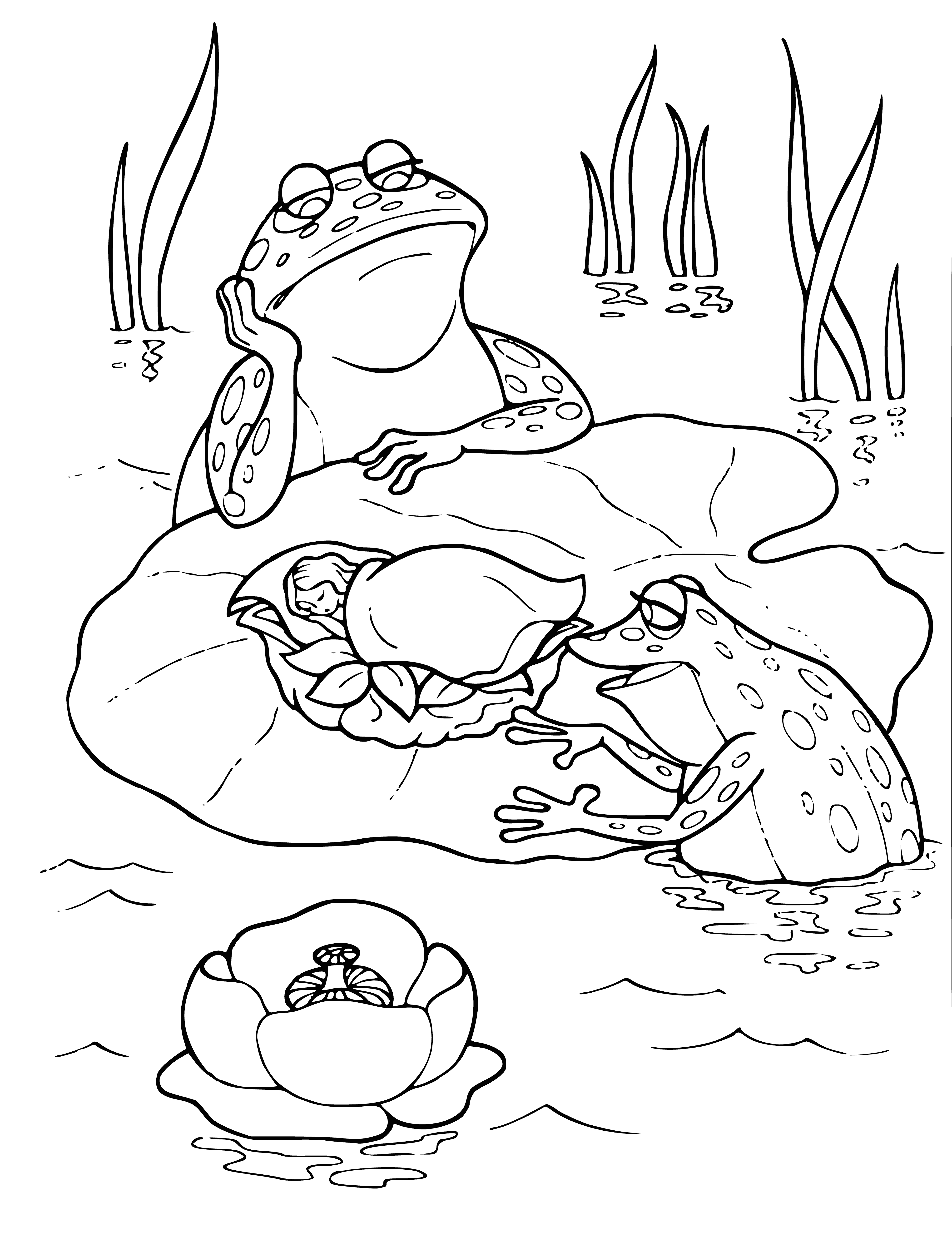 coloring page: Girl meets a toad with a paper tag reading "Thumbelina" around its neck by a cradle lying in the grass.