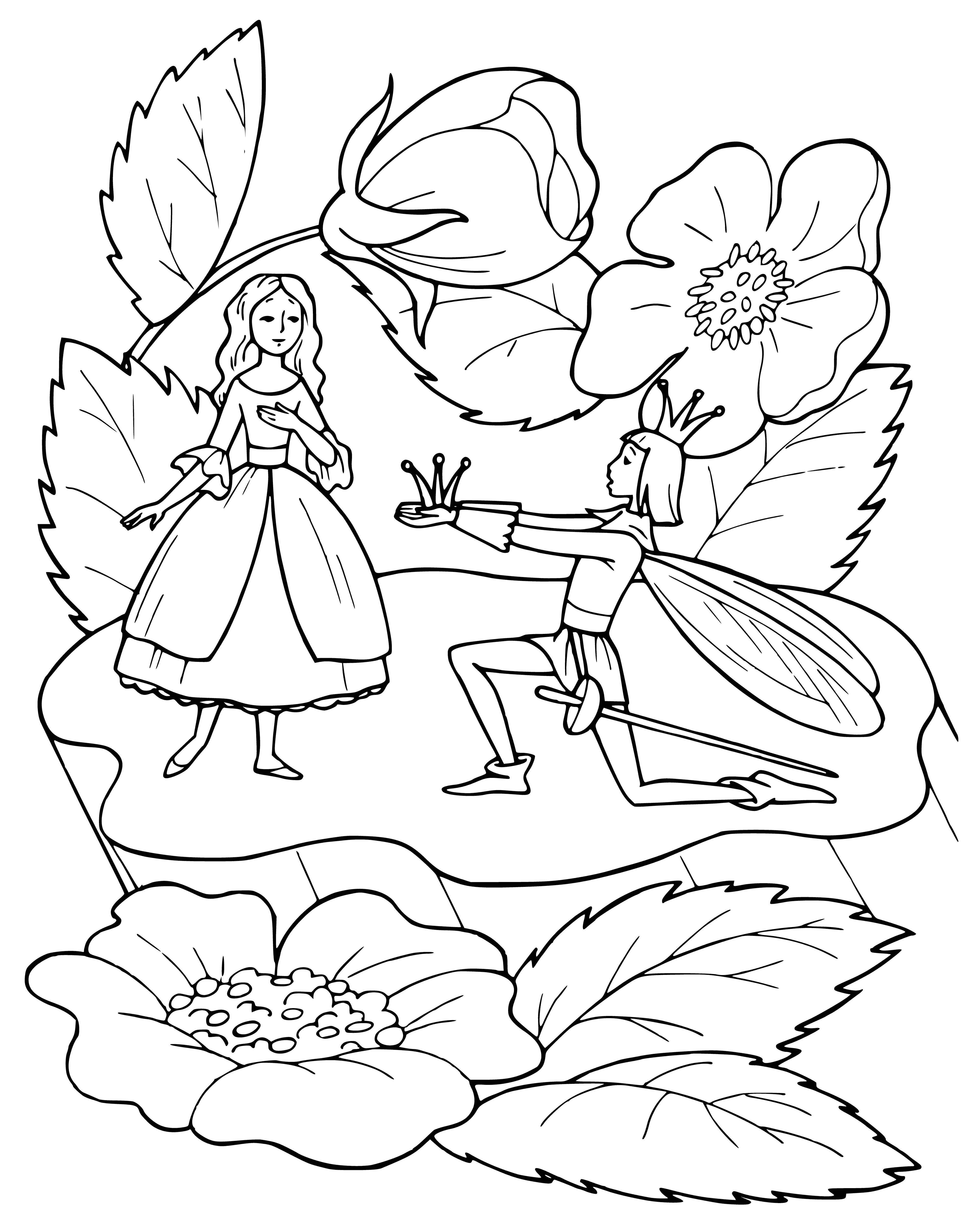 coloring page: A prince kneels before a small girl holding a flower. He has a sword and looks like he's about to say something.