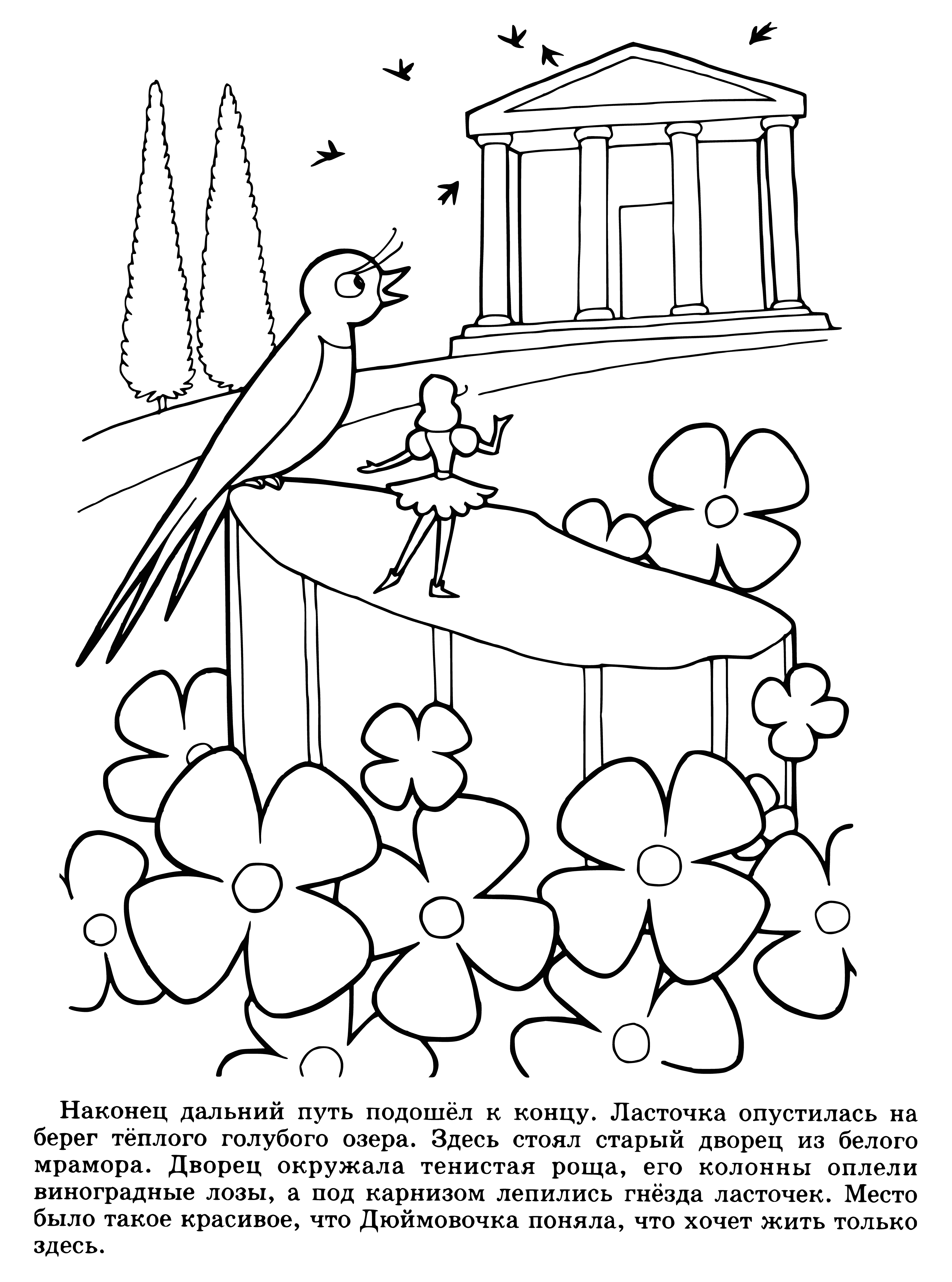 coloring page: Stacks of colorful books featuring illustrations from "The Tales of Hans Christian Andersen", with a green ribbon bookmark sticking out of one of them.