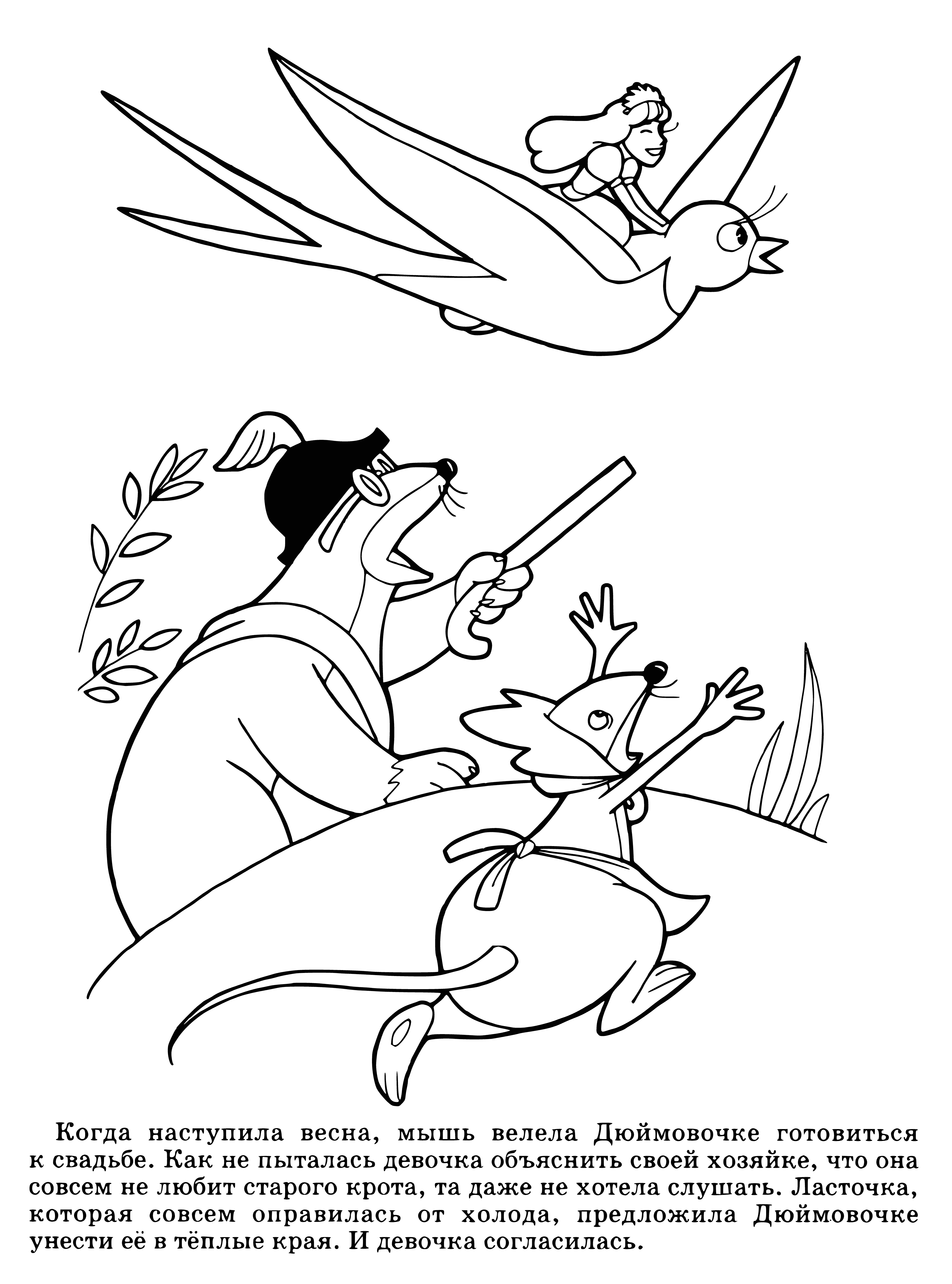 Thumbelina flies away coloring page