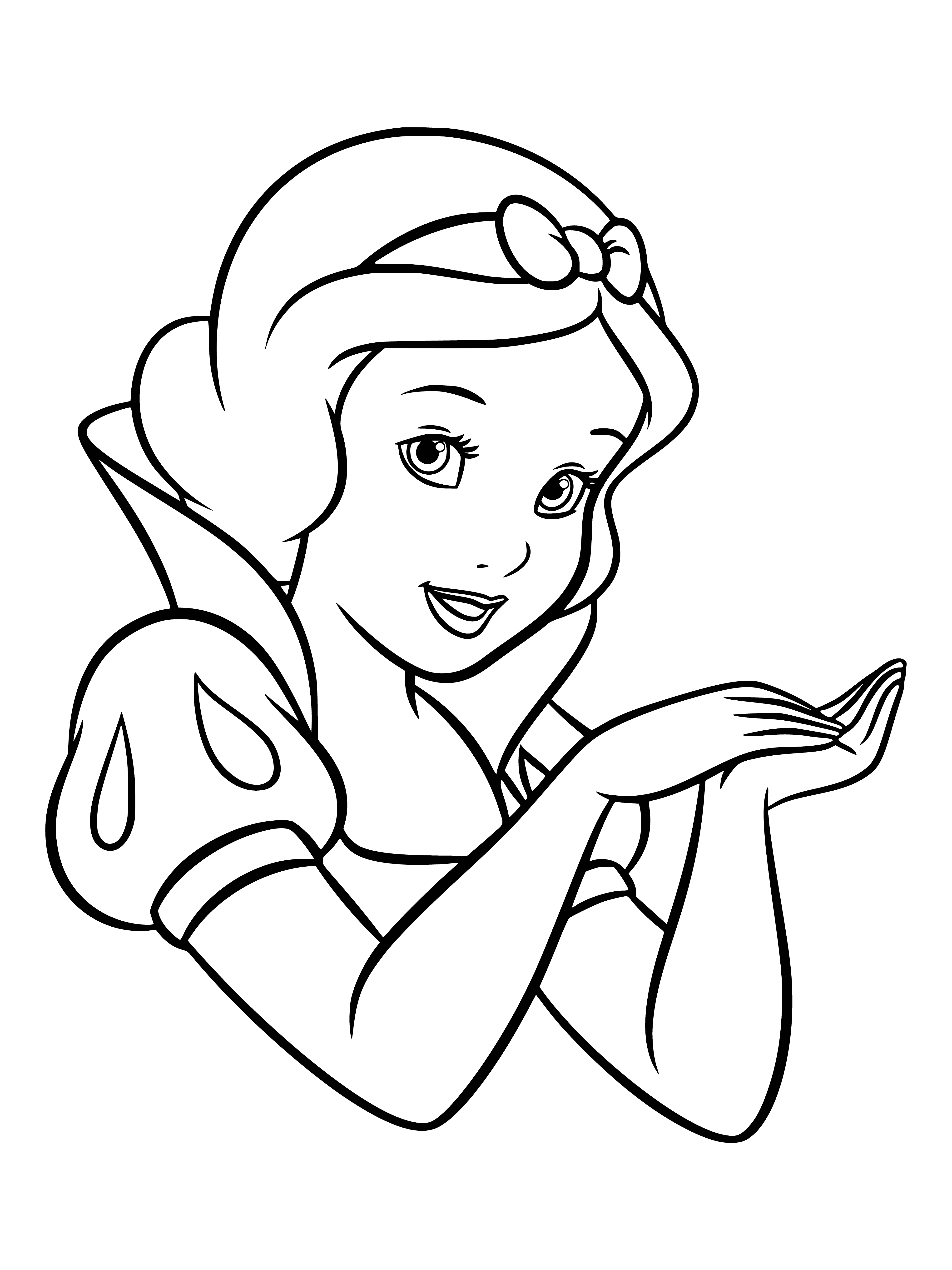 coloring page: Snow White is smiling at the seven dwarves in a light blue dress and white collar.