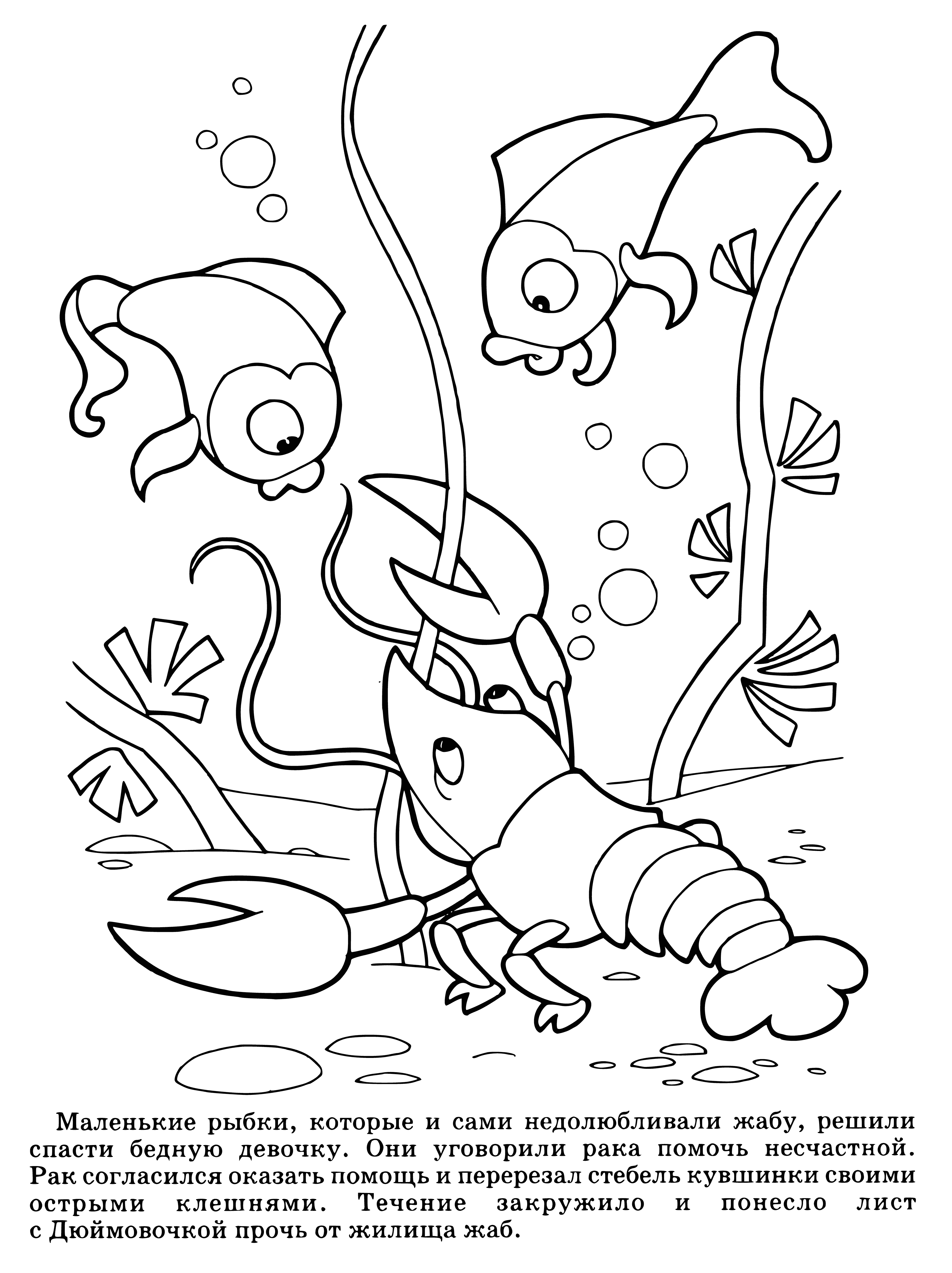 coloring page: Large white water lily in calm pool with dark crab cutting its petal with claws.