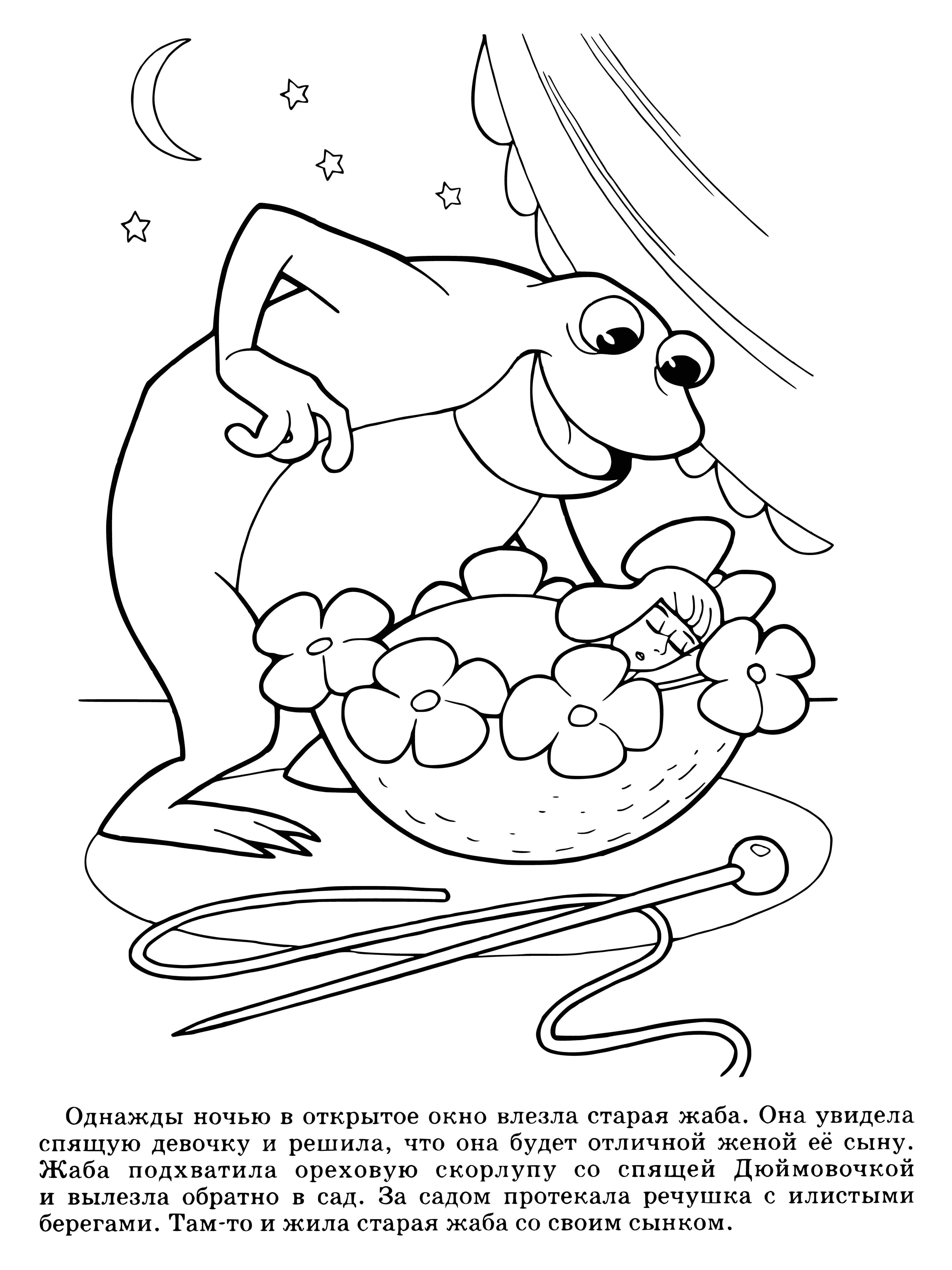coloring page: Toad sees Thumbelina in coloring page - small girl with blonde hair, wearing white dress with flowers, has wings on her back flying near flower.