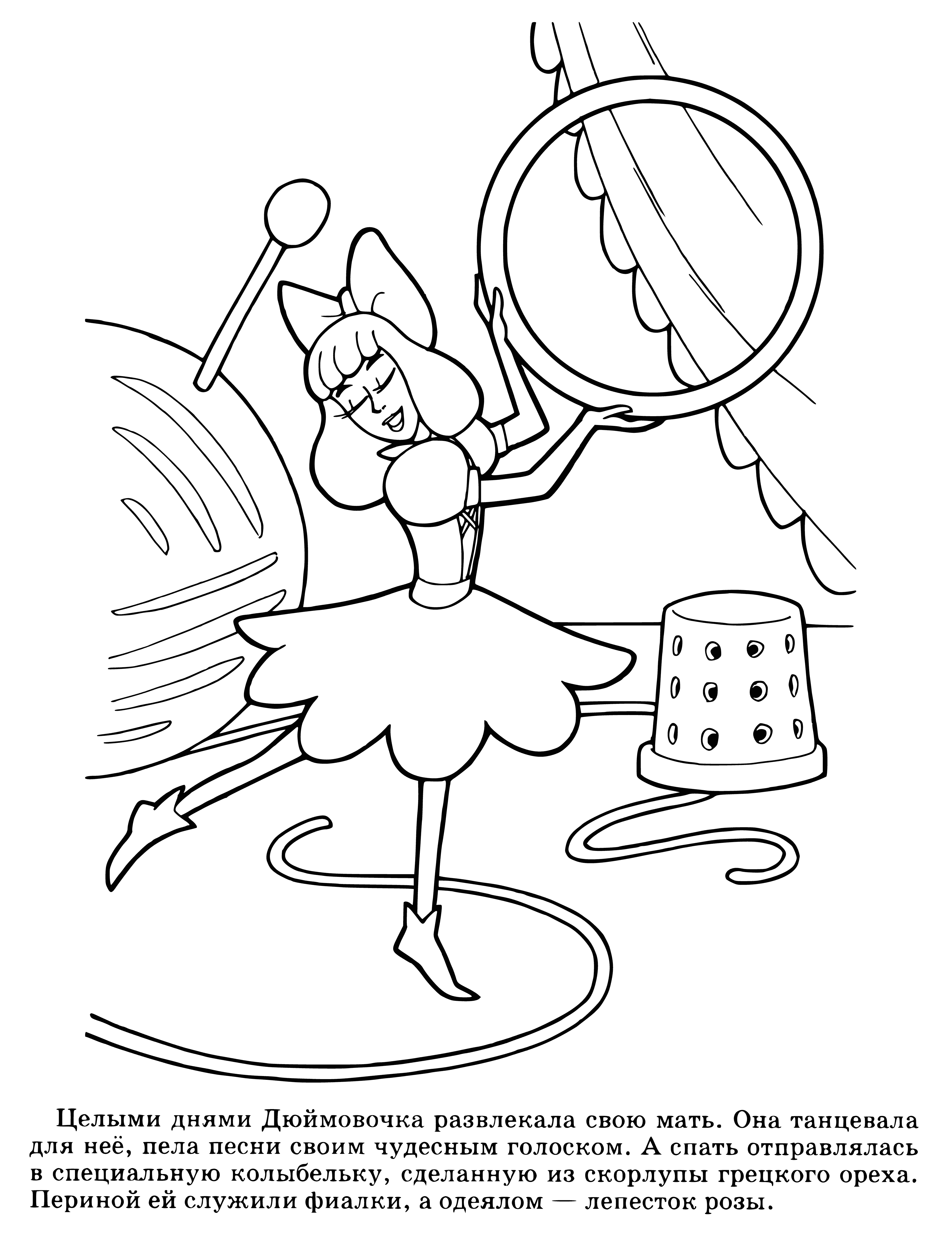 coloring page: A young girl in a pink dress dances in a meadow while surrounded by buzzing bees & butterflies, her wings twinkle in the sunshine.