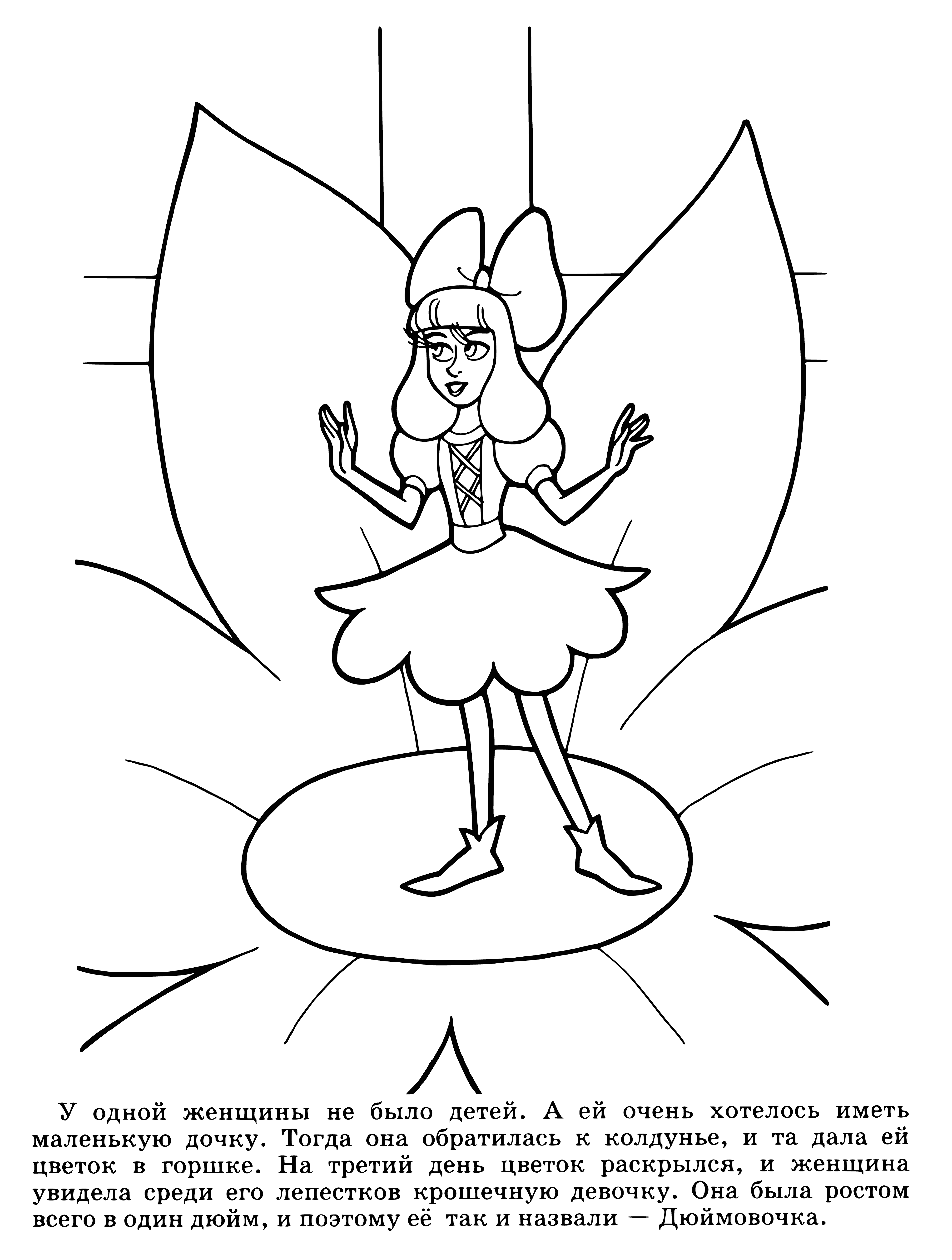 coloring page: Girl with blonde hair, blue eyes, wearing white dress w/ red ribbon & wings on back holds a flower.